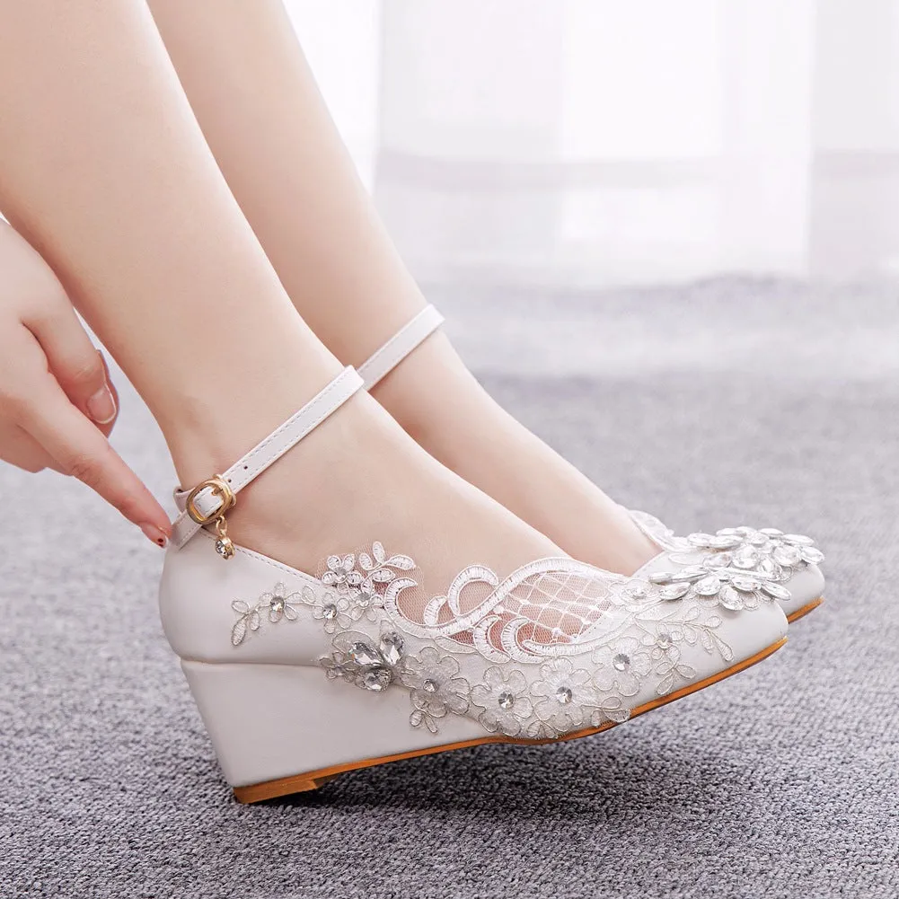 Round Toe Lace Rhinestones Ankle Strap Wedge Heel Wedding Shoes