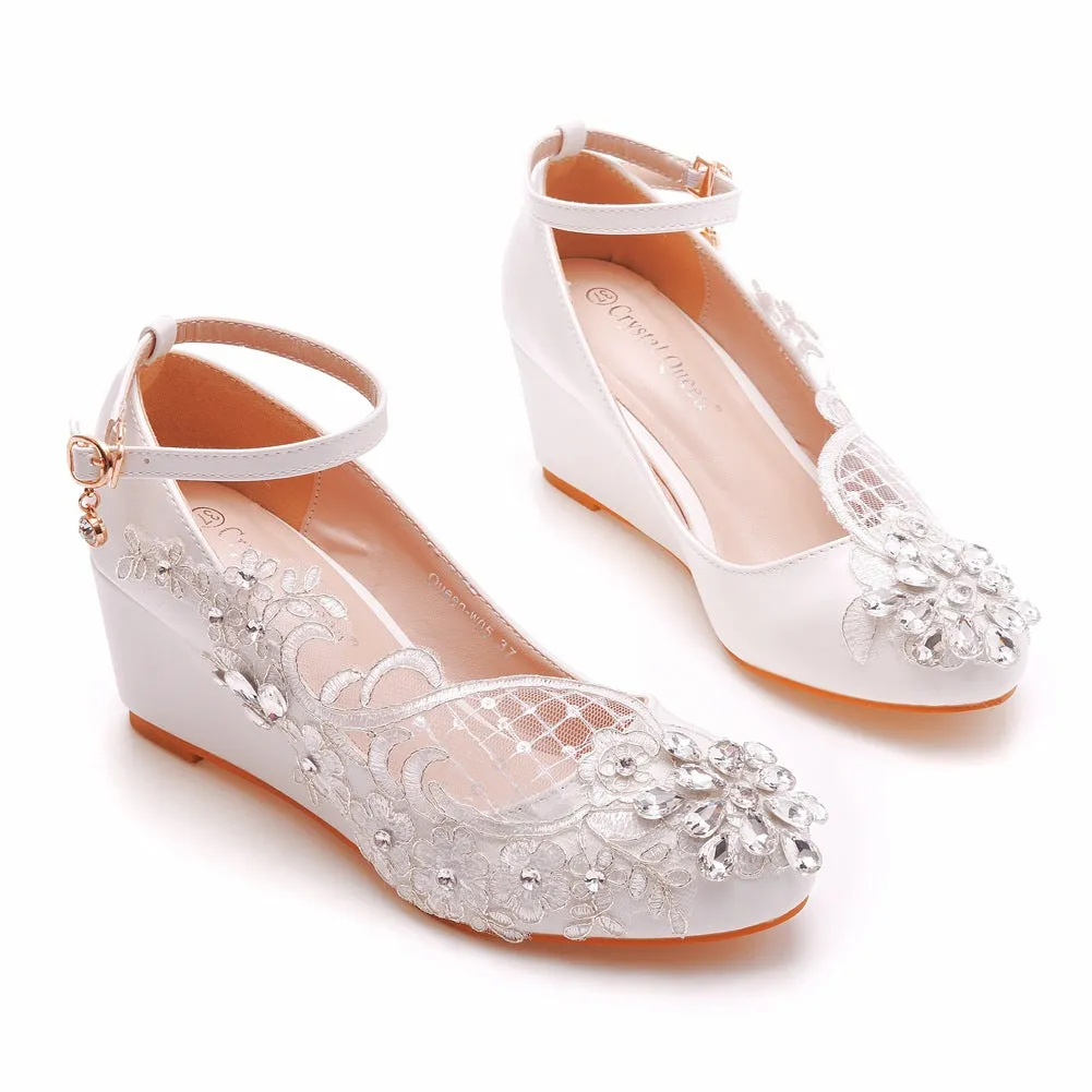 Round Toe Lace Rhinestones Ankle Strap Wedge Heel Wedding Shoes