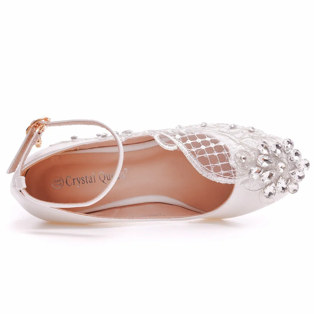 Round Toe Lace Rhinestones Ankle Strap Wedge Heel Wedding Shoes