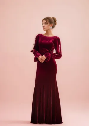 Ruffled open long Sleeves straight neckline hollow back sheath velvet prom dress