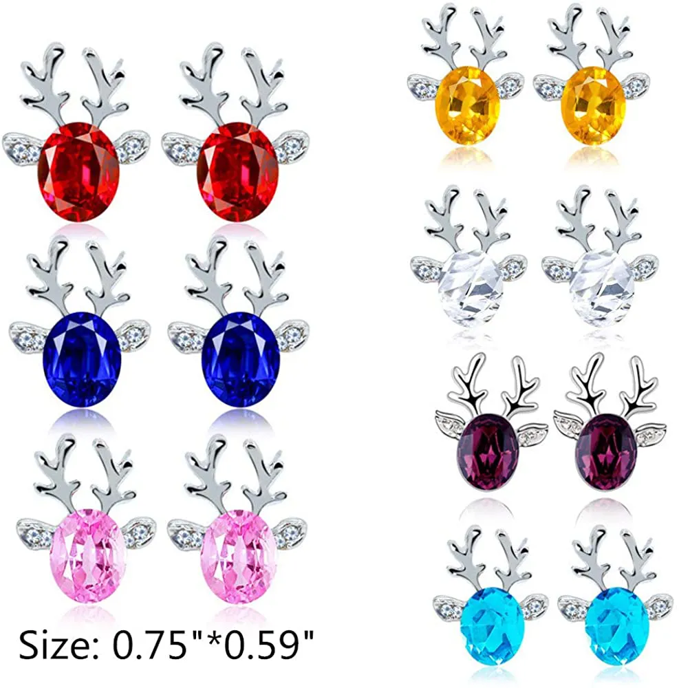 Set Elk Reindeer Antlers Crystal Stud Earrings Christmas for Women Girl Teens Gift Jewelry Cubic Zirconia Rhinestone Luxury Christmas Earring Colorful Xmas Dainty Silver Color