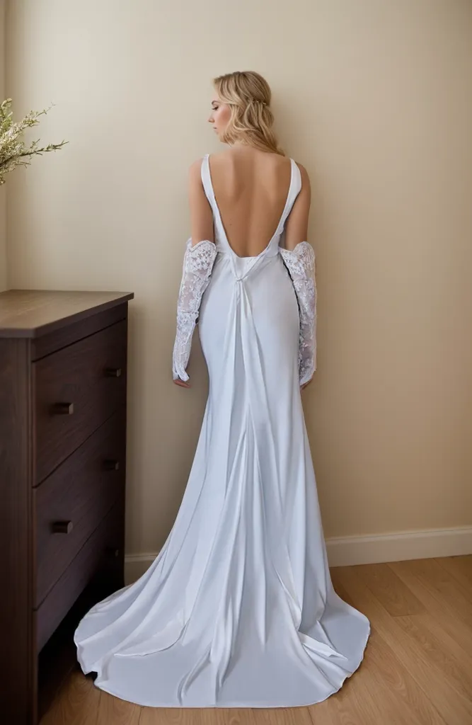 Sexy deep V thin straps low back Greece Goddess style Satin wedding dress