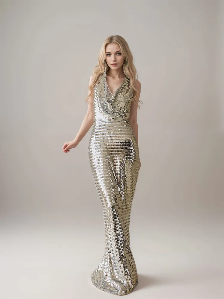 Sexy draping neck keyhole back sequin mesh sheath cocktail party dress