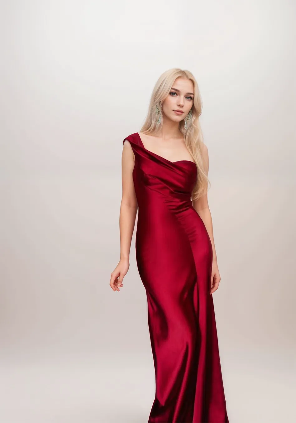 Sexy one shoulder pleated bodice mermaid silky satin prom dress