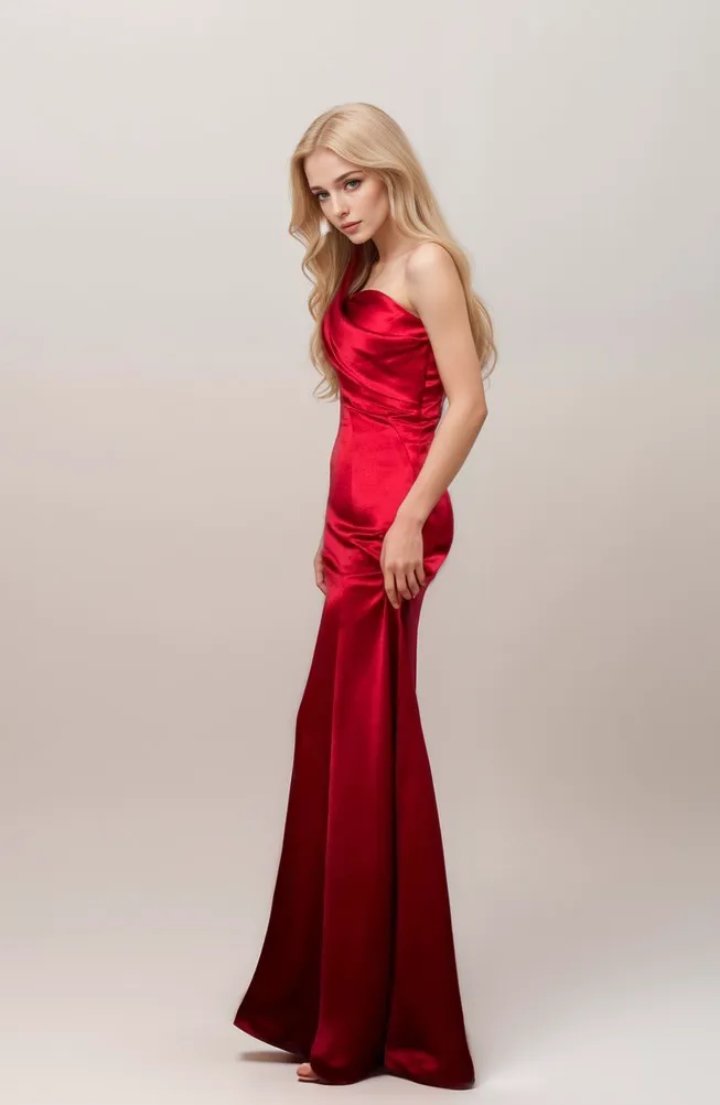 Sexy one shoulder pleated bodice mermaid silky satin prom dress