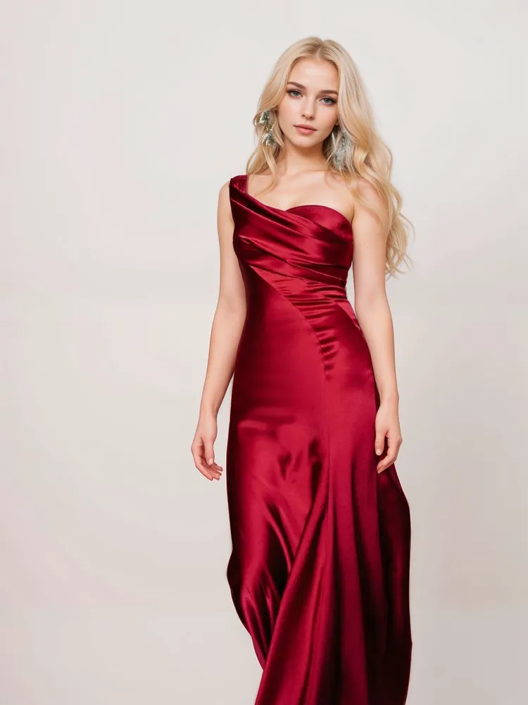 Sexy one shoulder pleated bodice mermaid silky satin prom dress