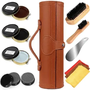 Shoe Shine Kit with PU Leather Sleek Elegant Case | 12-Piece Travel Shoe Shine Brush kit