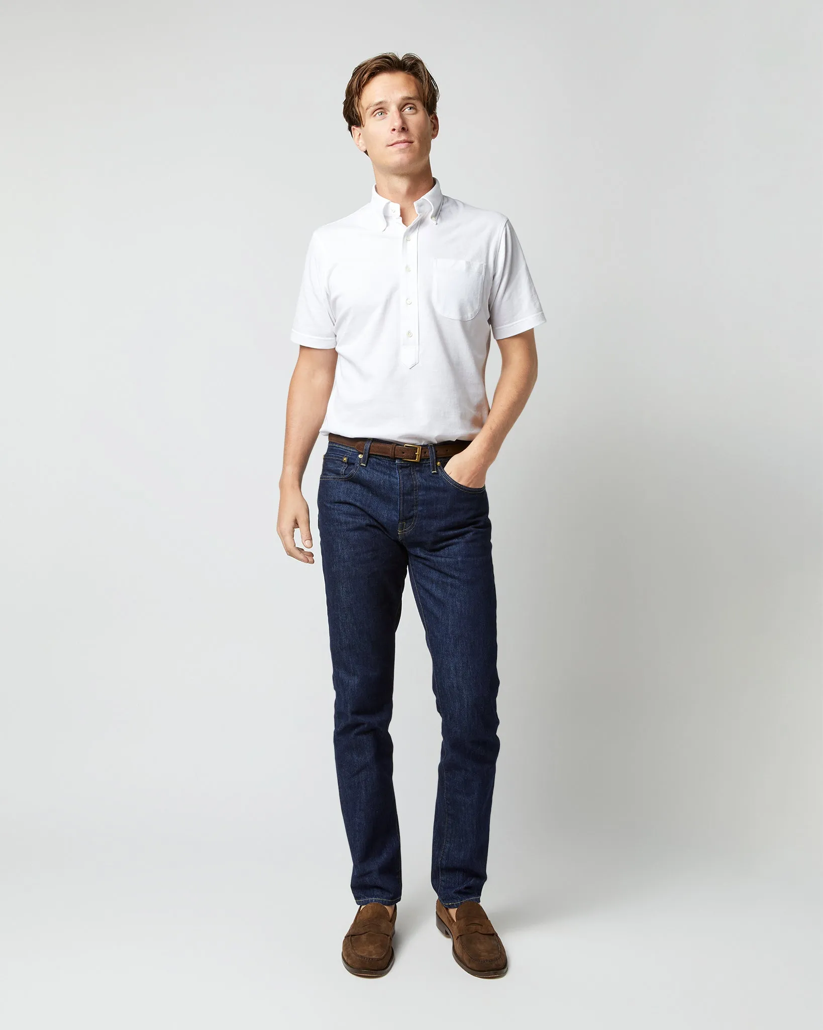 Short-Sleeved Knit Button-Down Popover Shirt in White Pima Pique