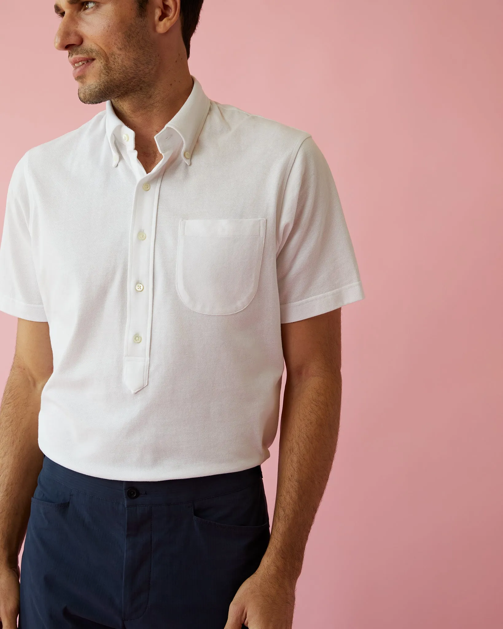 Short-Sleeved Knit Button-Down Popover Shirt in White Pima Pique