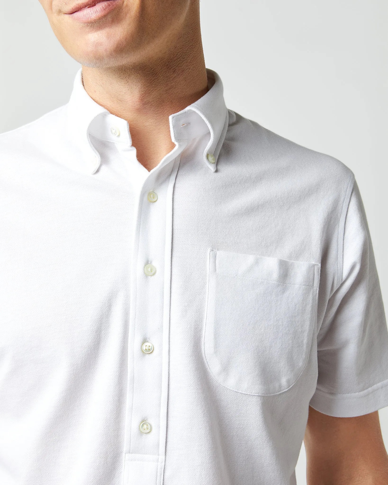 Short-Sleeved Knit Button-Down Popover Shirt in White Pima Pique