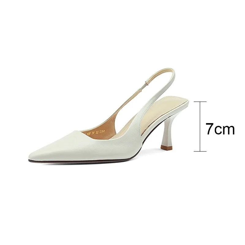 Solid-Colored Slingback Genuine Leather Thin Heels Sandals