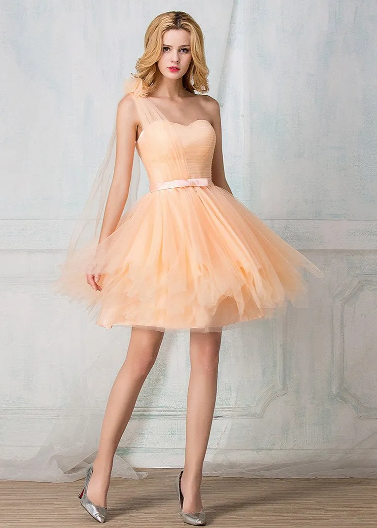 Sweetheart one-shoulder knee-length tulle short prom dress