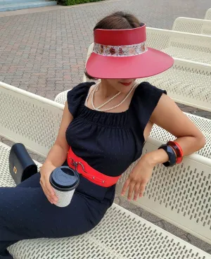 Tall LadyEVA Visor Hat - Crinkled Red with Floral Band