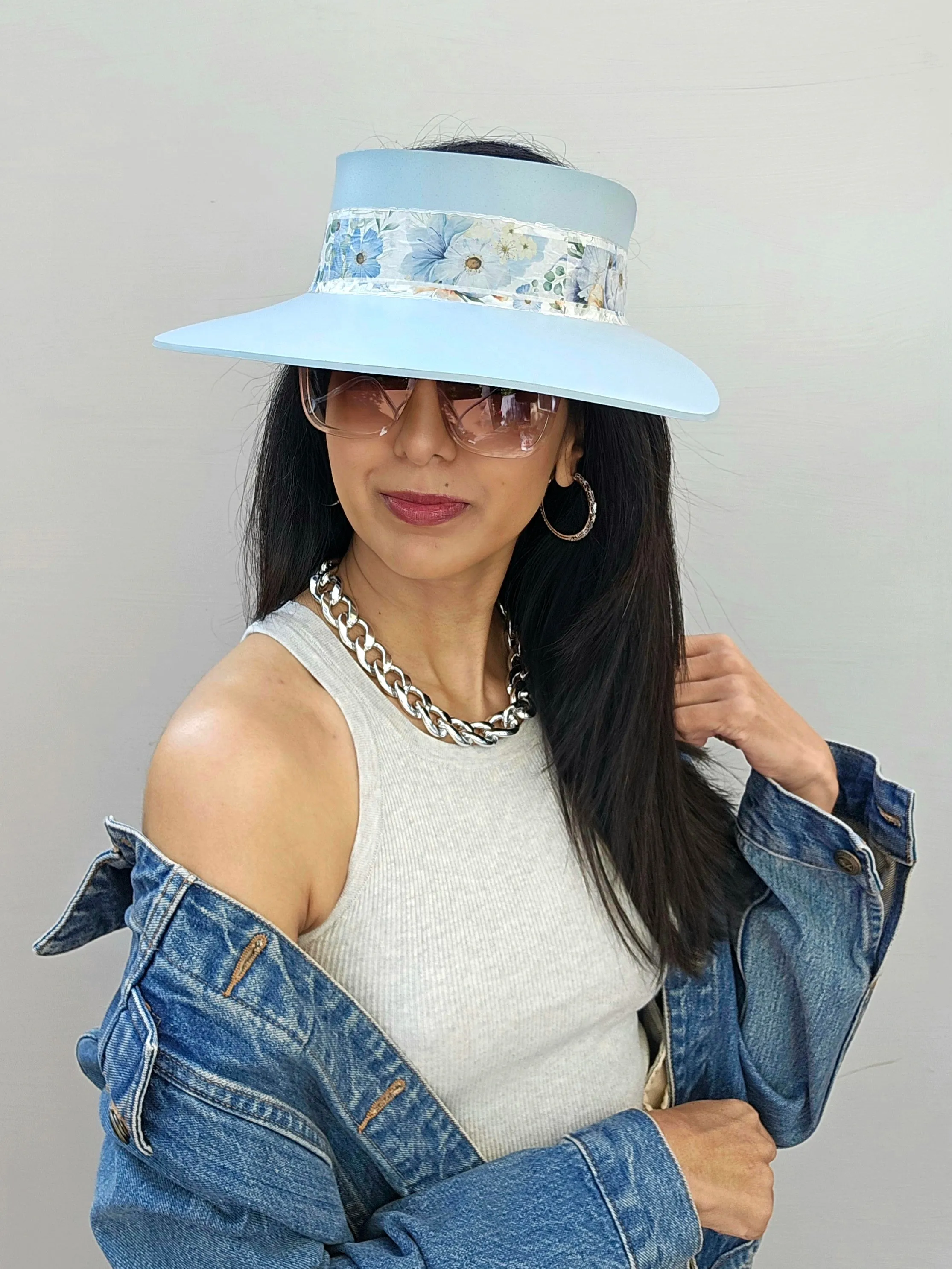 Tall Light Blue "LadyEVA" Visor Hat with Bold Blue Floral Band