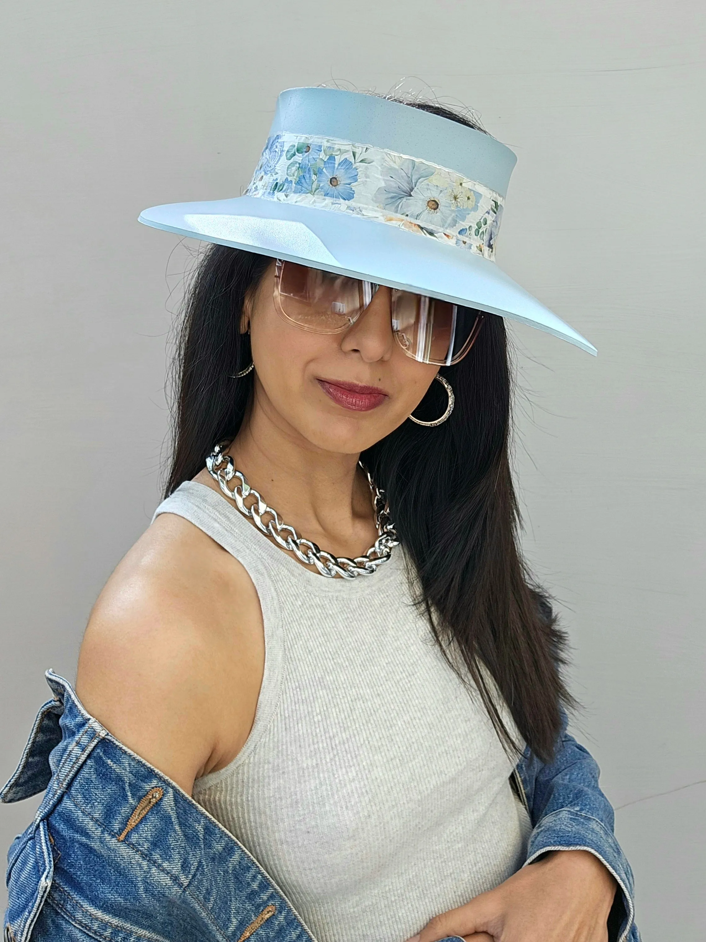 Tall Light Blue "LadyEVA" Visor Hat with Bold Blue Floral Band