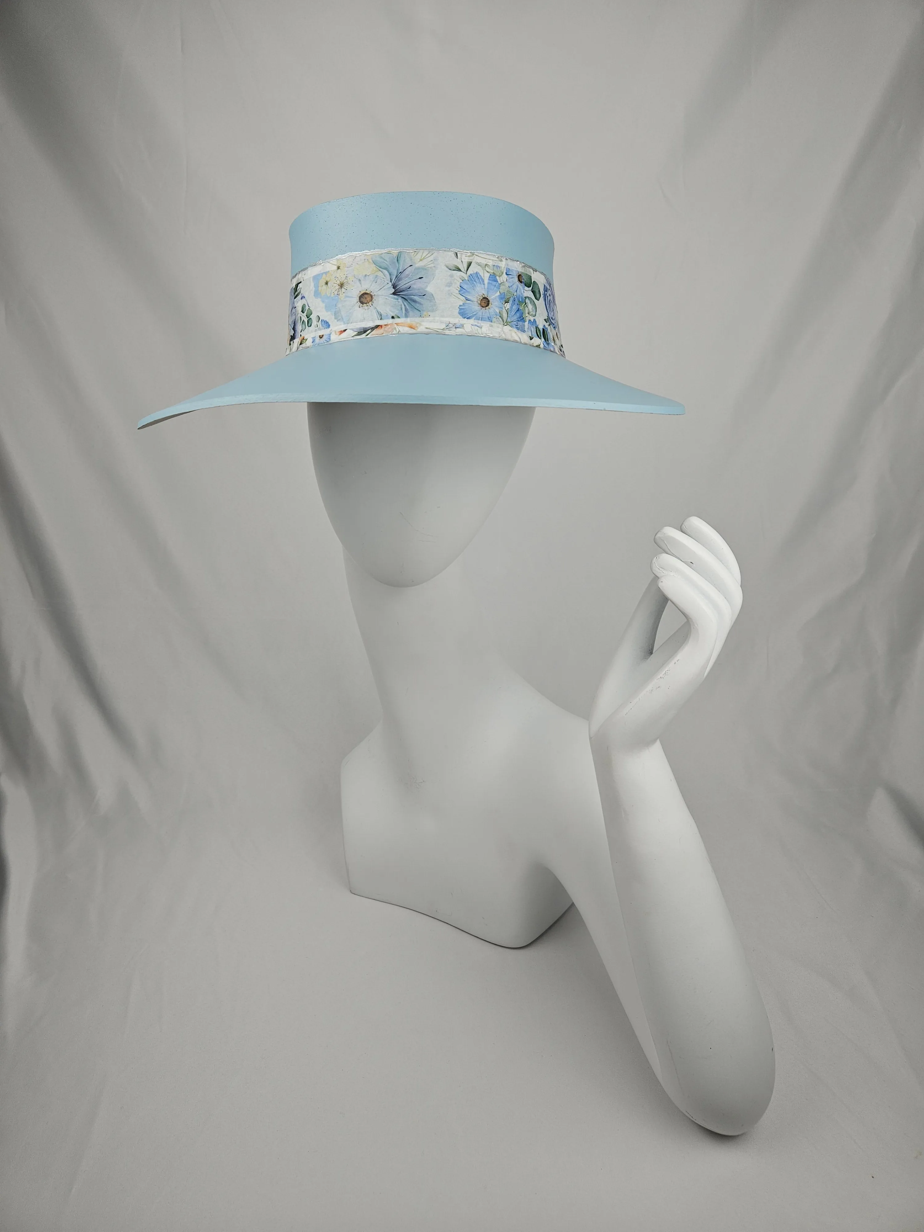 Tall Light Blue "LadyEVA" Visor Hat with Bold Blue Floral Band