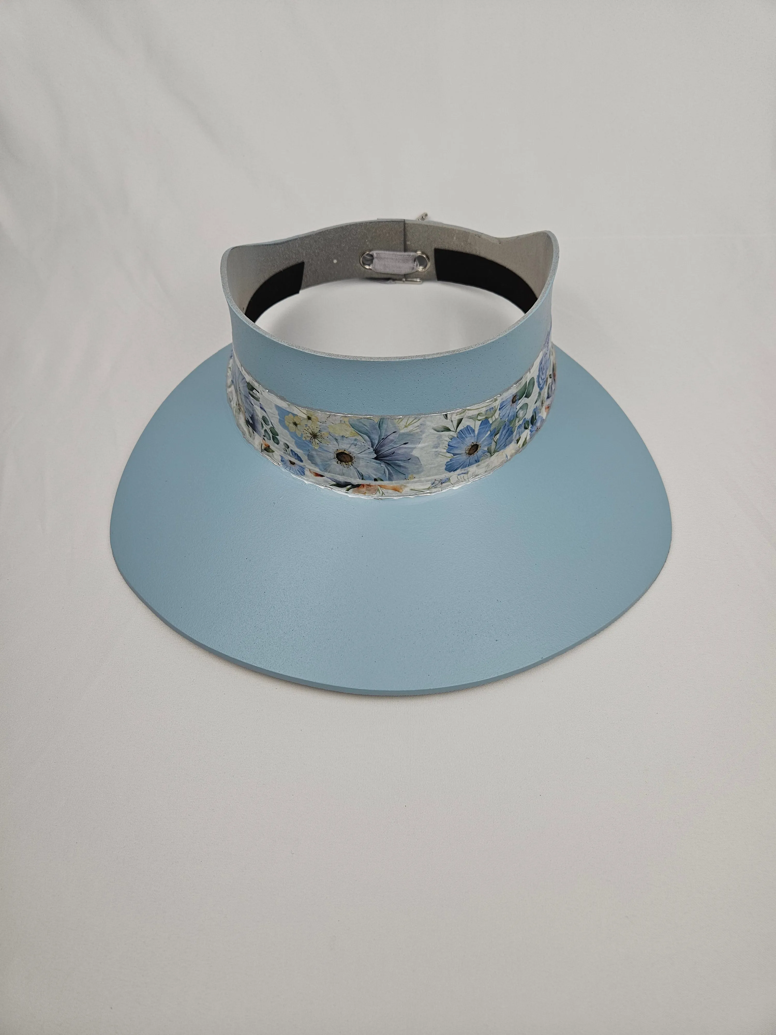 Tall Light Blue "LadyEVA" Visor Hat with Bold Blue Floral Band