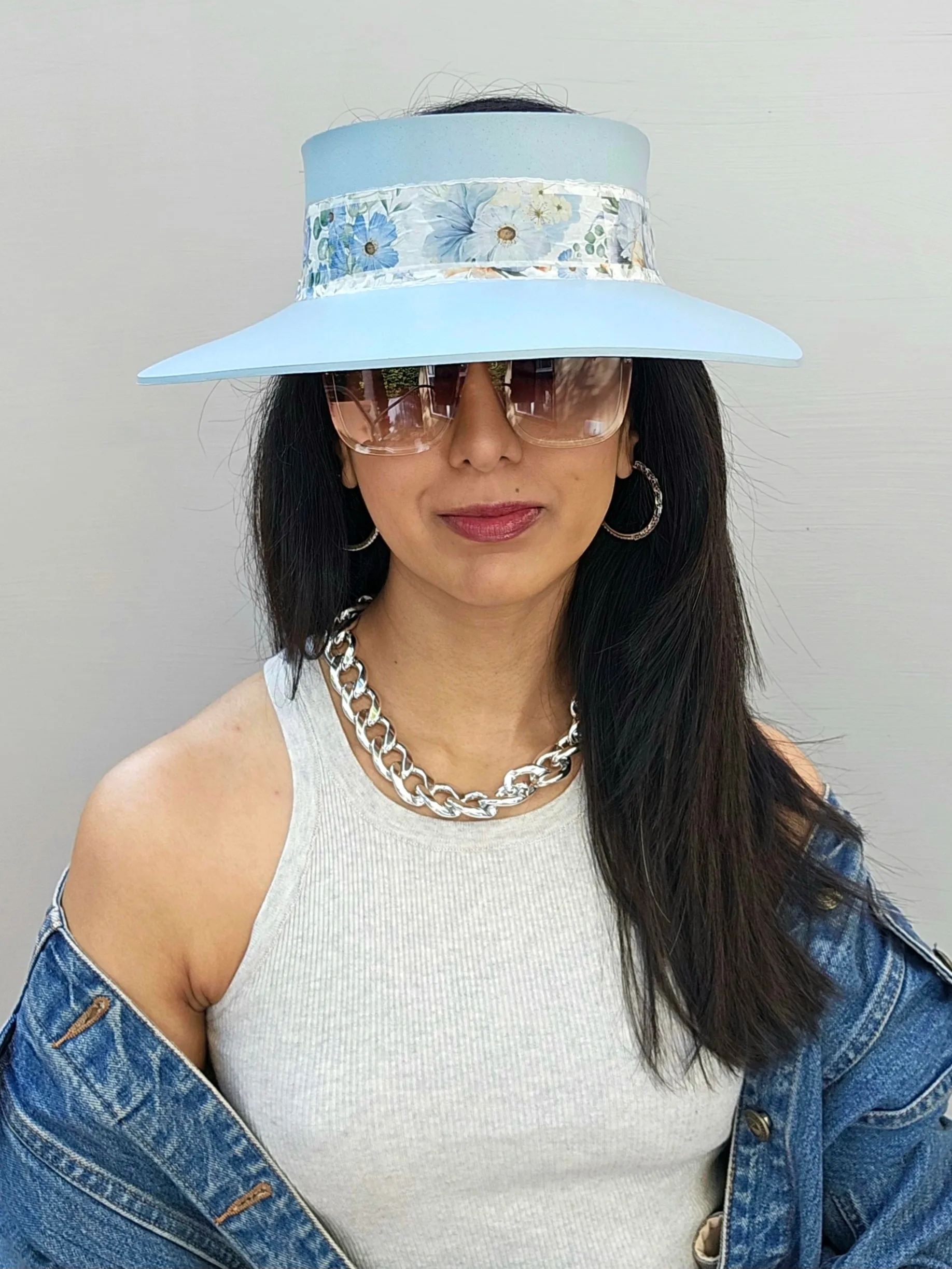 Tall Light Blue "LadyEVA" Visor Hat with Bold Blue Floral Band