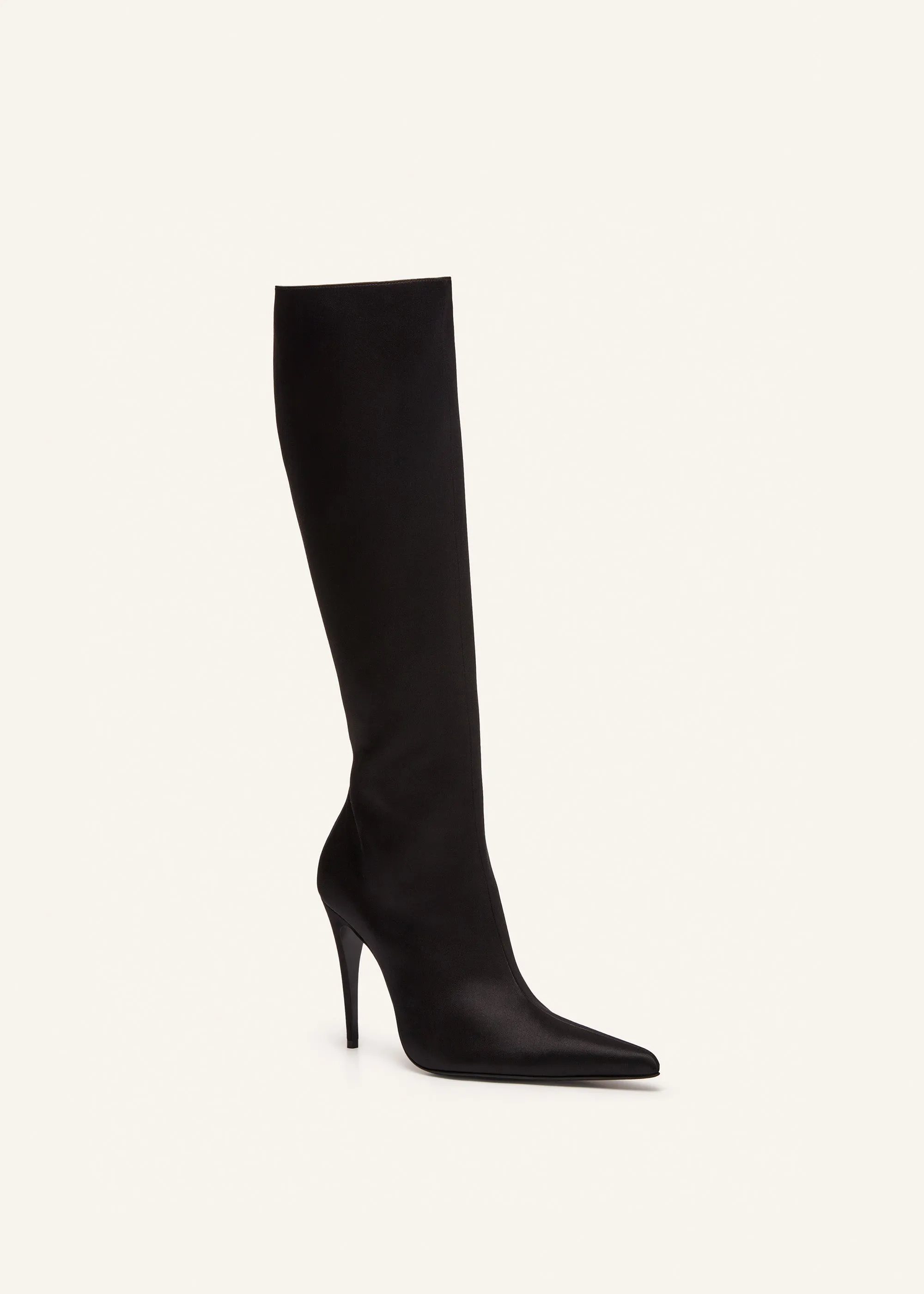 Tall satin pointed boots in black