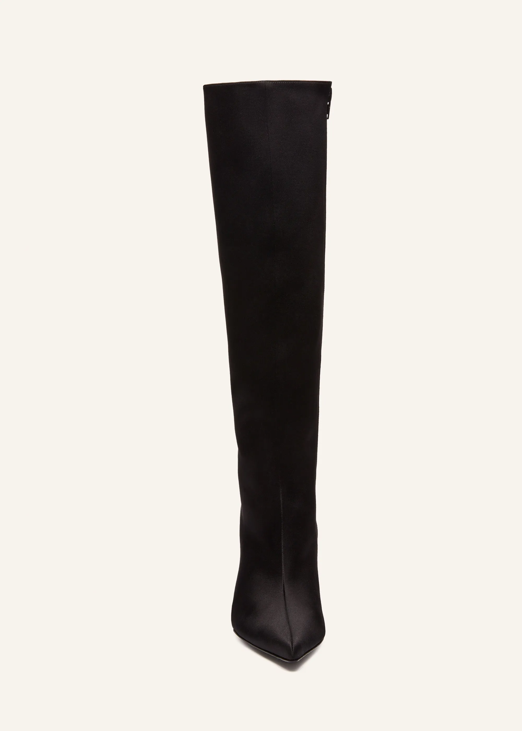 Tall satin pointed boots in black