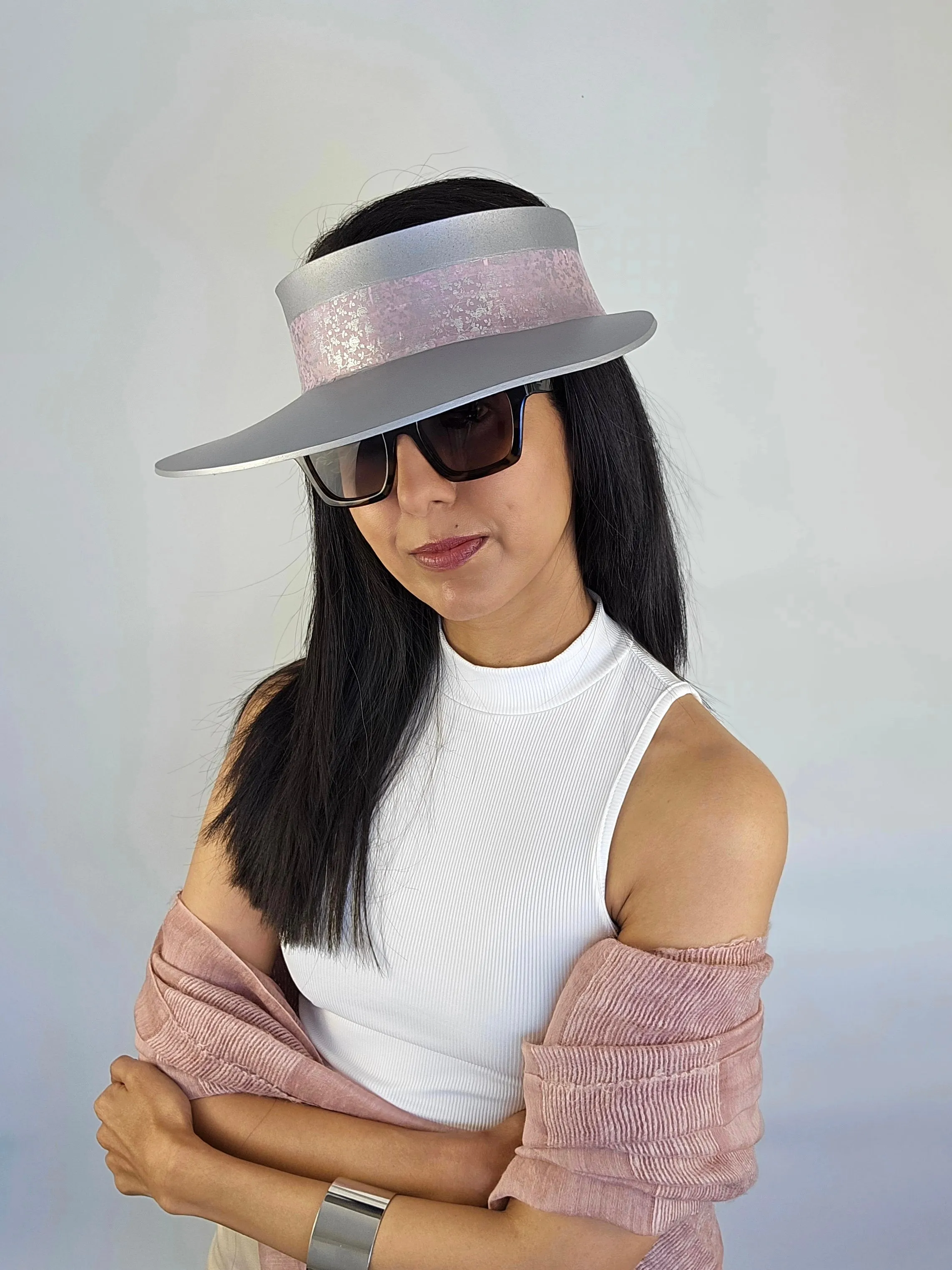 Tall Silver "LadyEVA" Visor Hat with Pink and Silver Floral Band