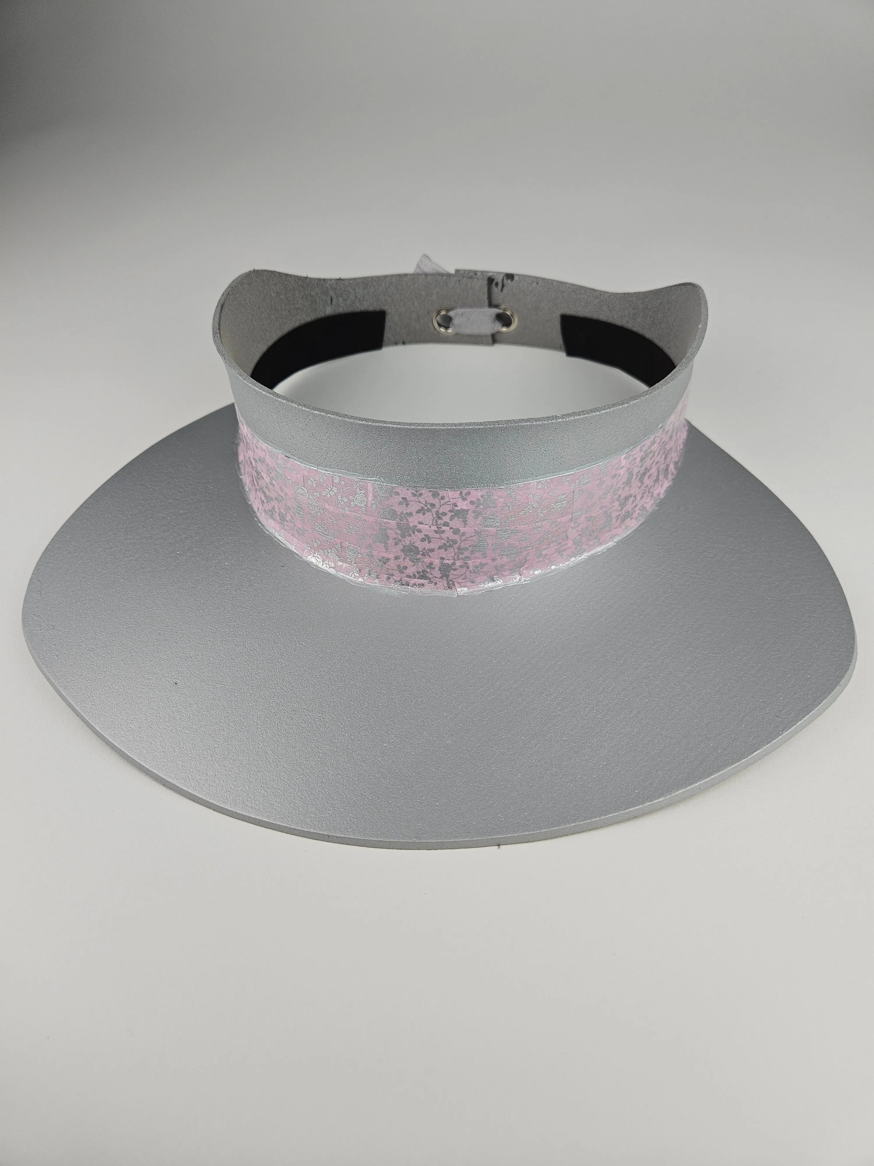 Tall Silver "LadyEVA" Visor Hat with Pink and Silver Floral Band