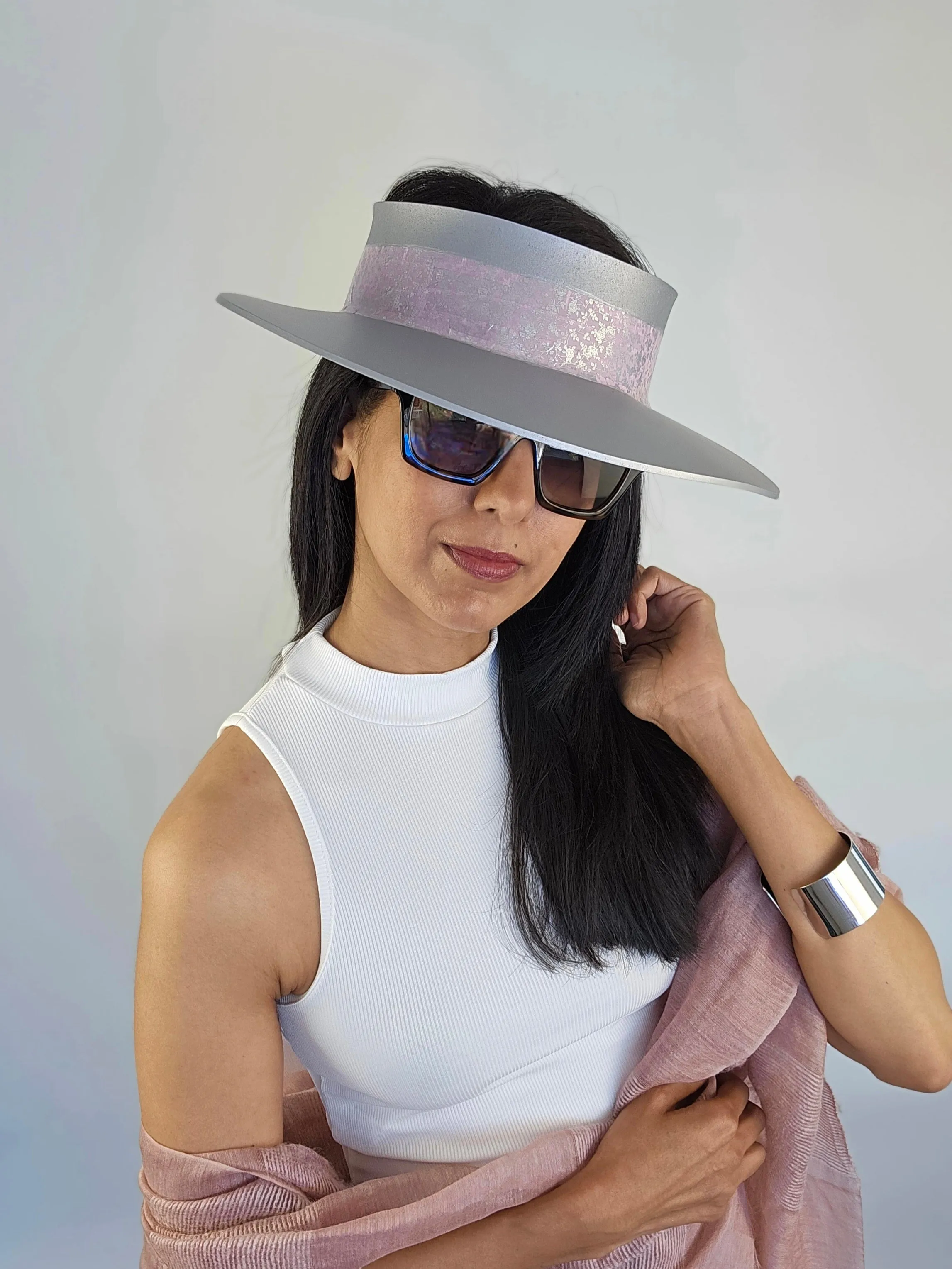 Tall Silver "LadyEVA" Visor Hat with Pink and Silver Floral Band