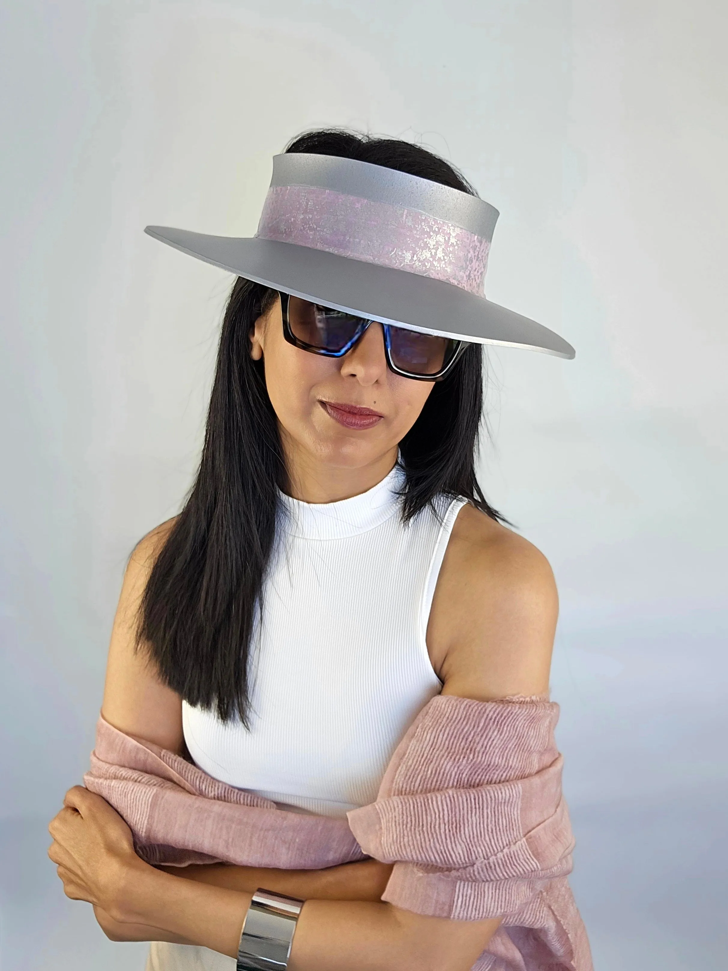 Tall Silver "LadyEVA" Visor Hat with Pink and Silver Floral Band