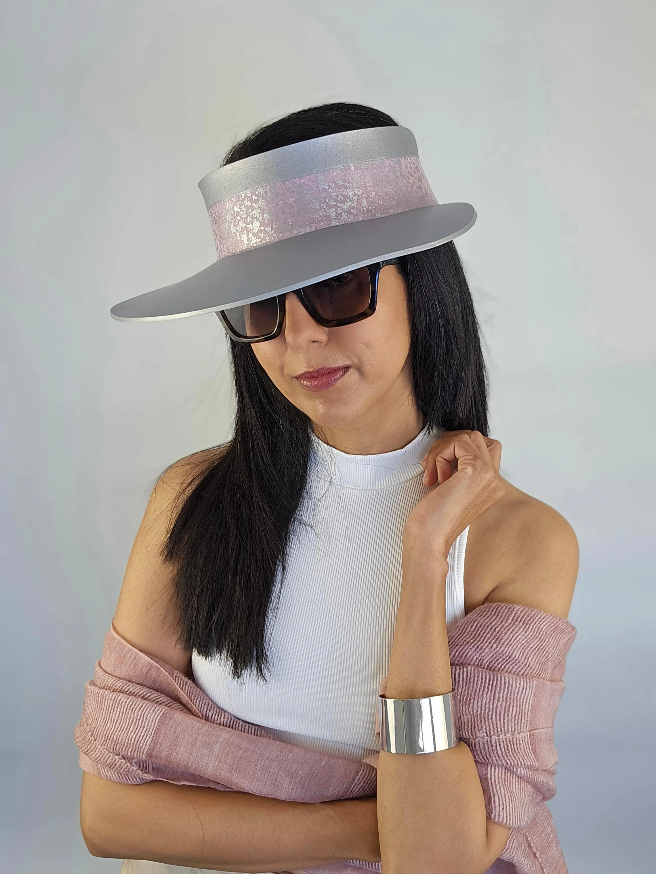 Tall Silver "LadyEVA" Visor Hat with Pink and Silver Floral Band