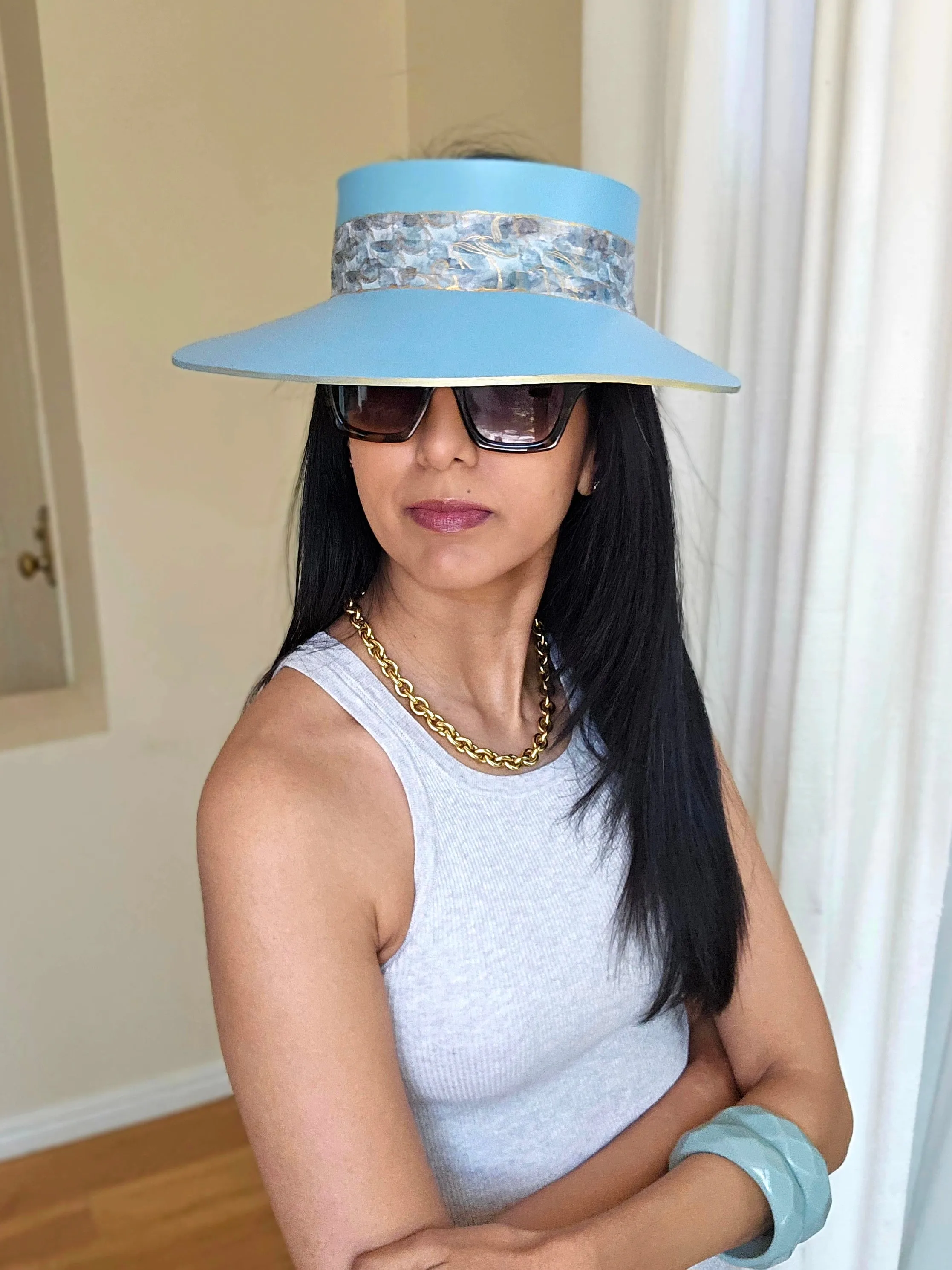 Tall Sky Blue "LadyEVA" Visor Hat with Abstract Butterfly Band