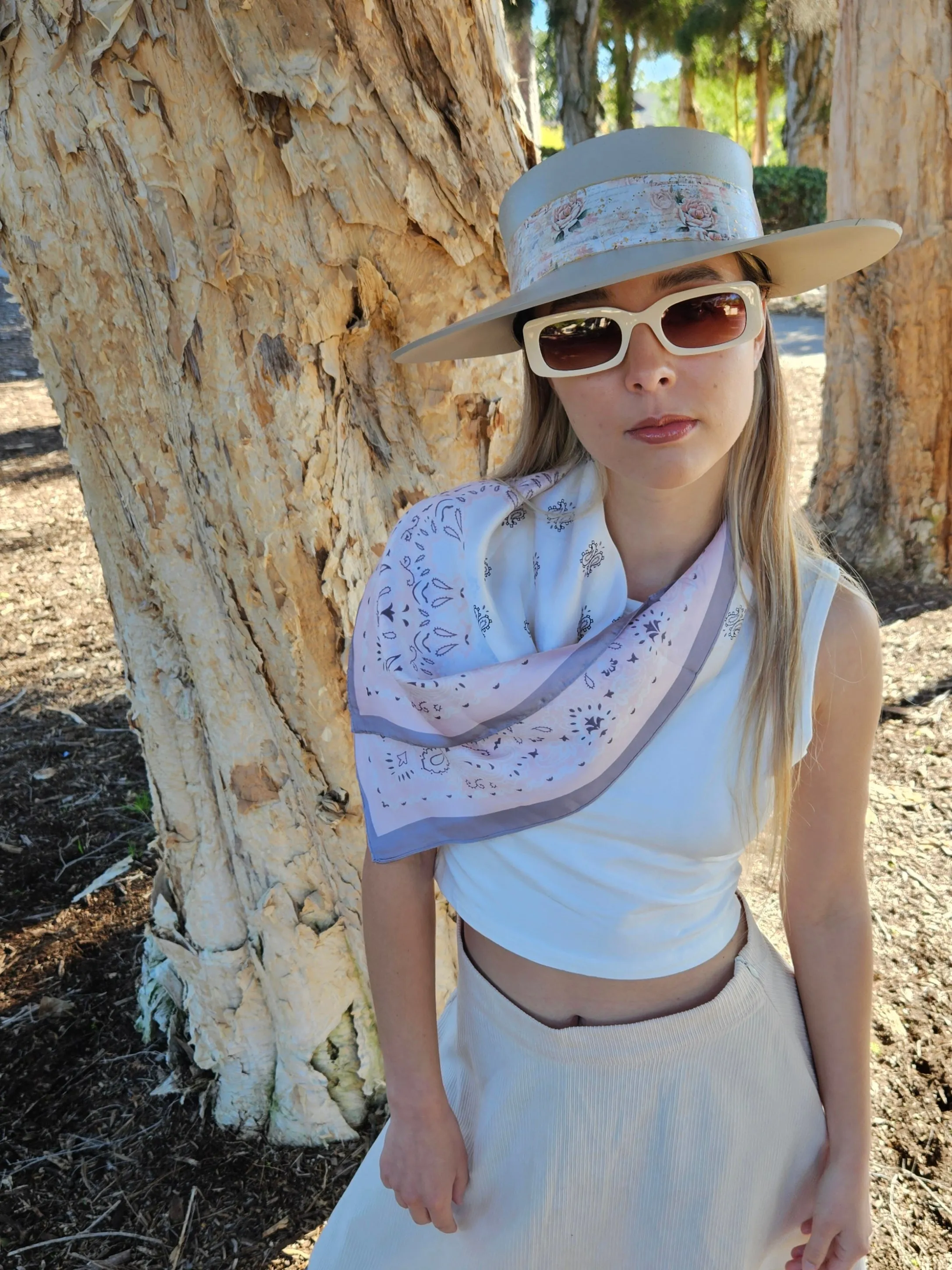 Tall Taupe "LadyEVA" Visor Hat with Delicate Pink Floral  Band