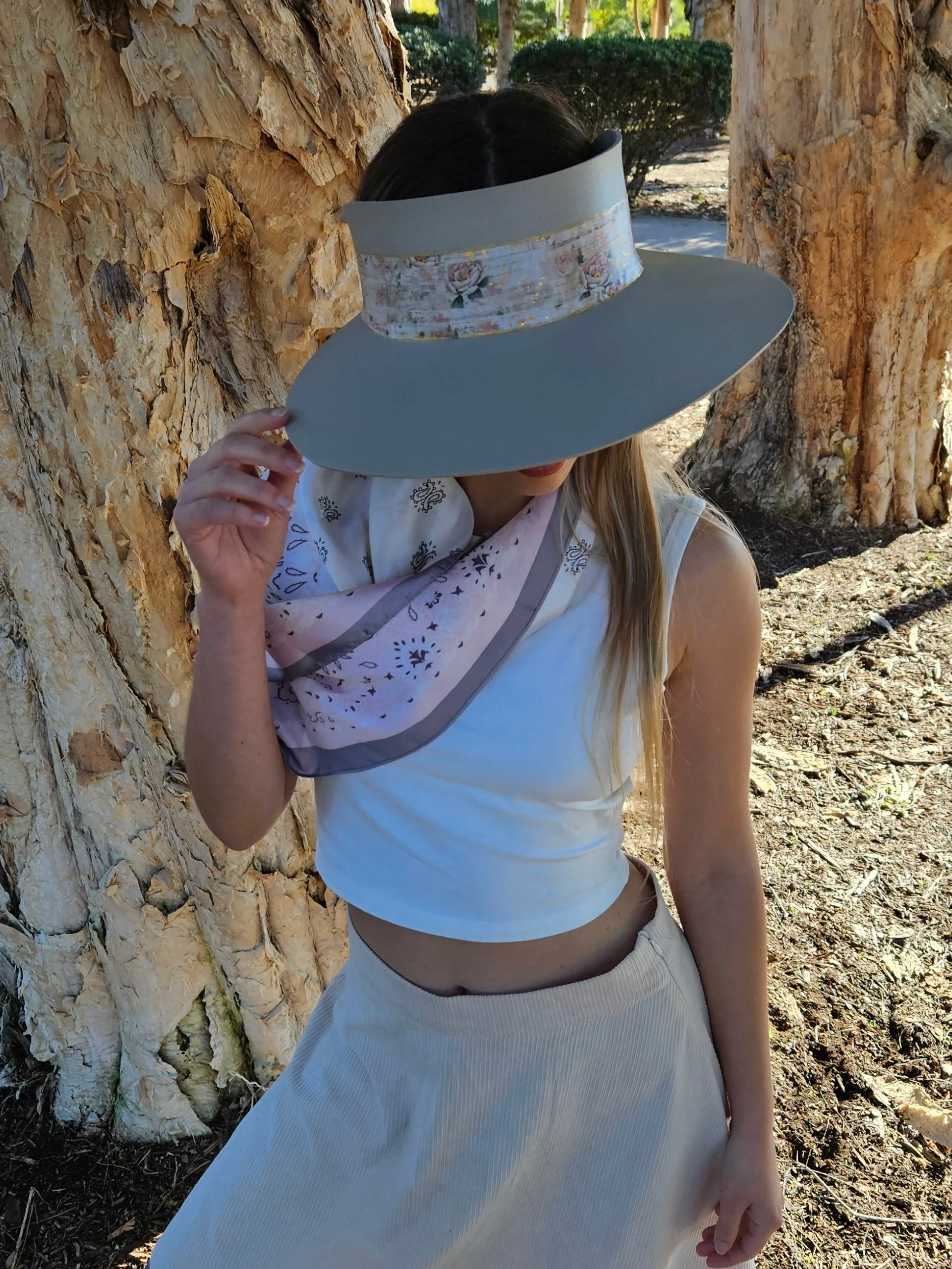 Tall Taupe "LadyEVA" Visor Hat with Delicate Pink Floral  Band