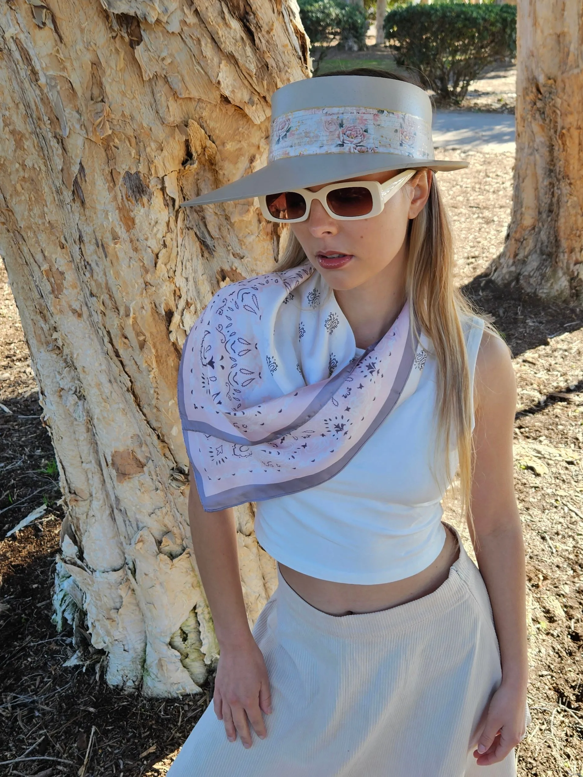 Tall Taupe "LadyEVA" Visor Hat with Delicate Pink Floral  Band