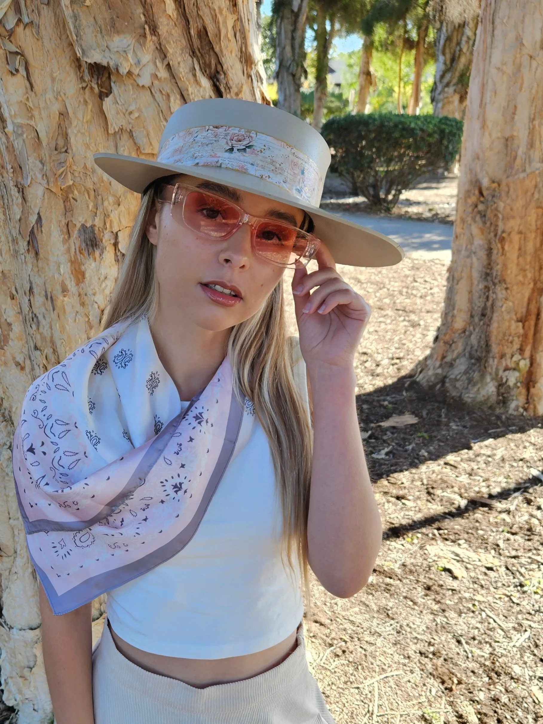 Tall Taupe "LadyEVA" Visor Hat with Delicate Pink Floral  Band