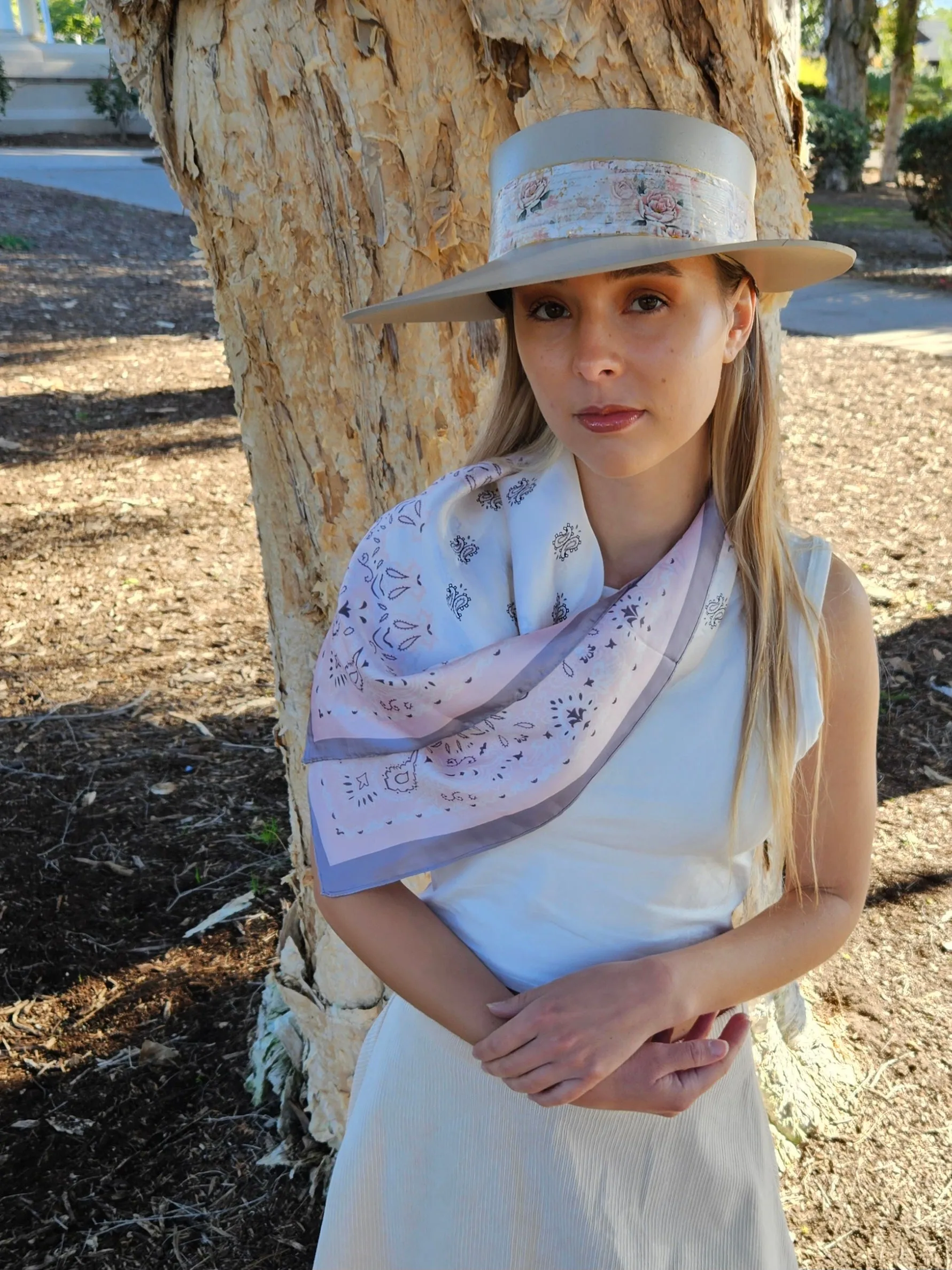 Tall Taupe "LadyEVA" Visor Hat with Delicate Pink Floral  Band