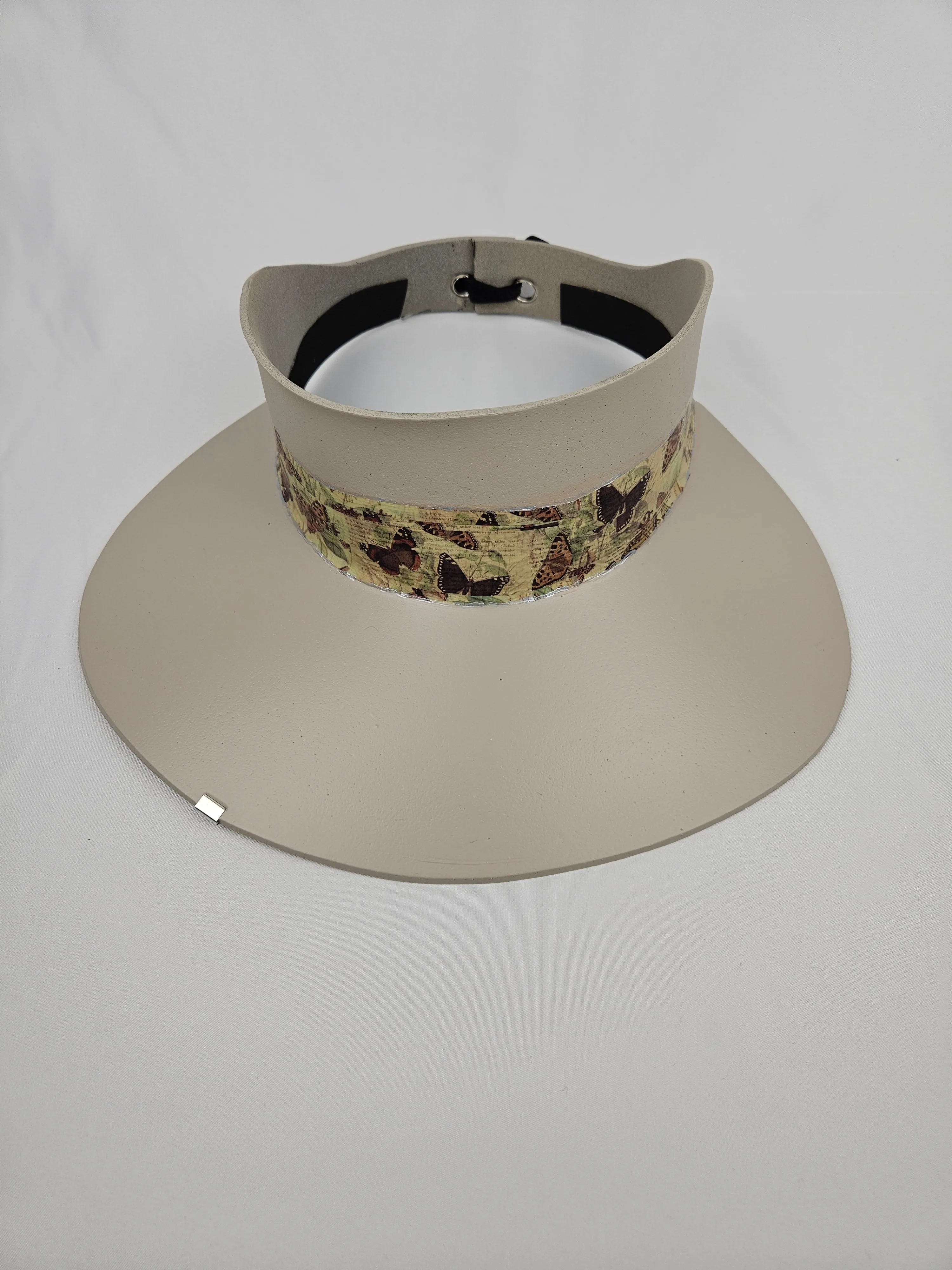 Tall Taupe "LadyEVA" Visor Hat with Neutral Butterfly Band and Silver Clamp