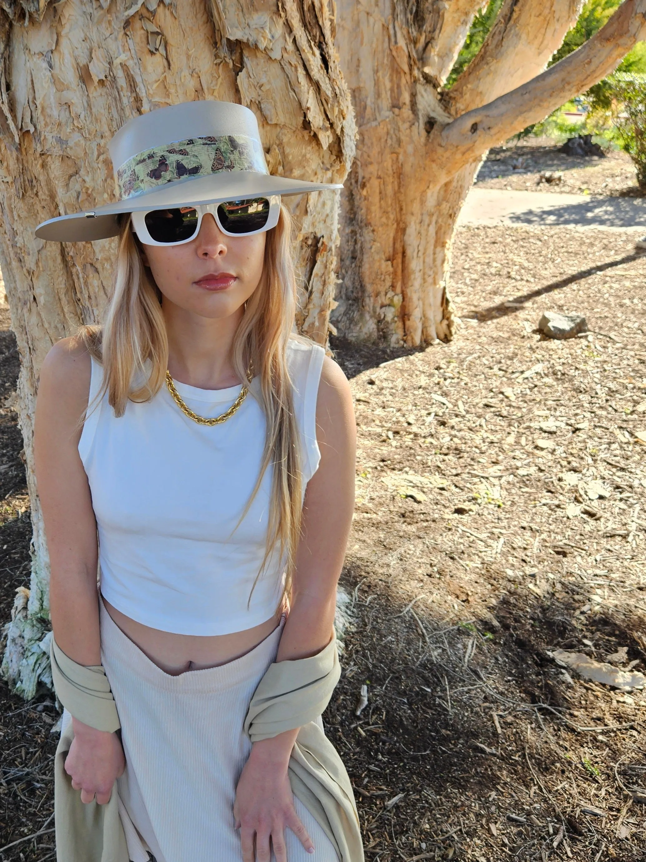 Tall Taupe "LadyEVA" Visor Hat with Neutral Butterfly Band and Silver Clamp