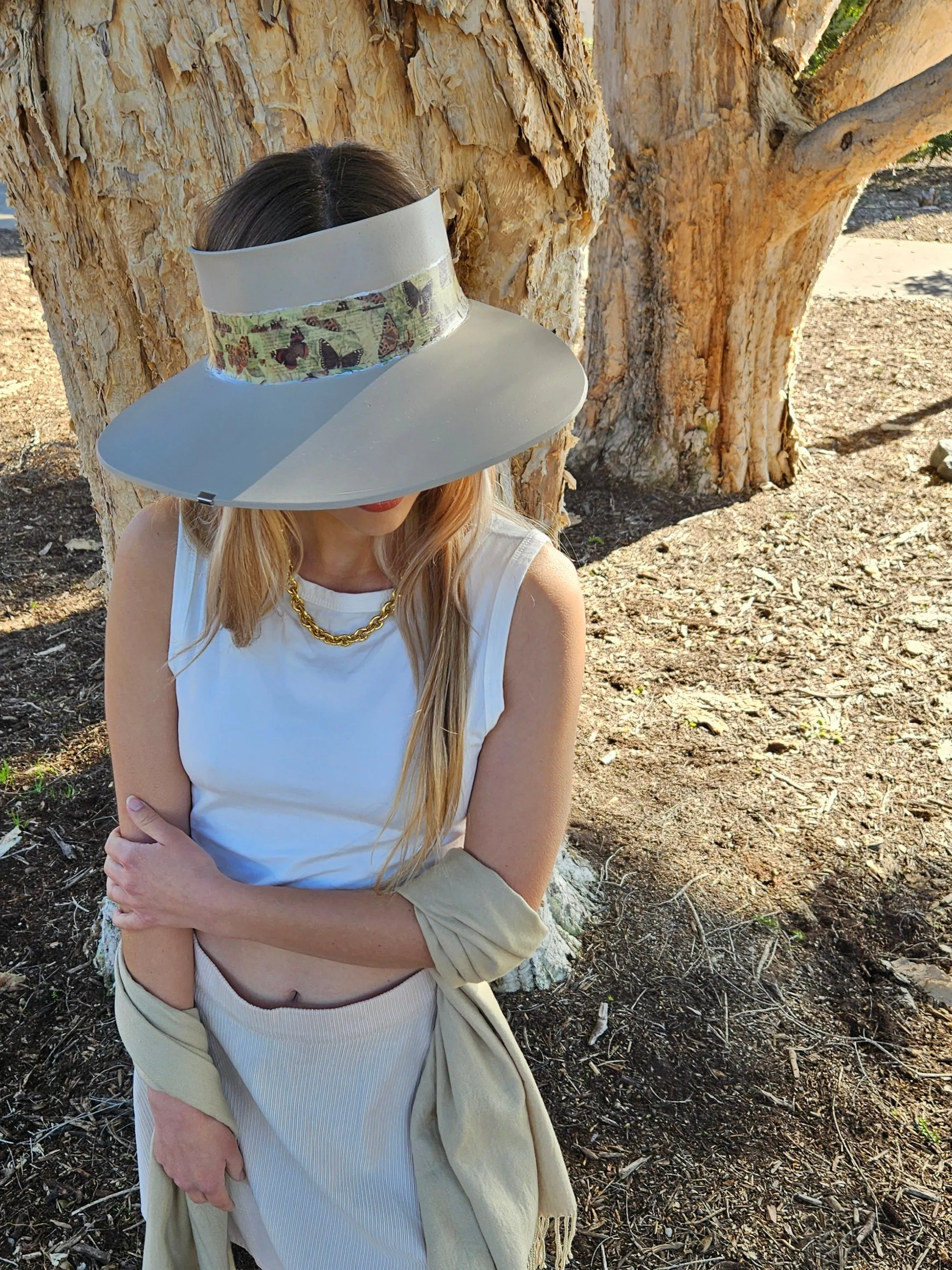 Tall Taupe "LadyEVA" Visor Hat with Neutral Butterfly Band and Silver Clamp