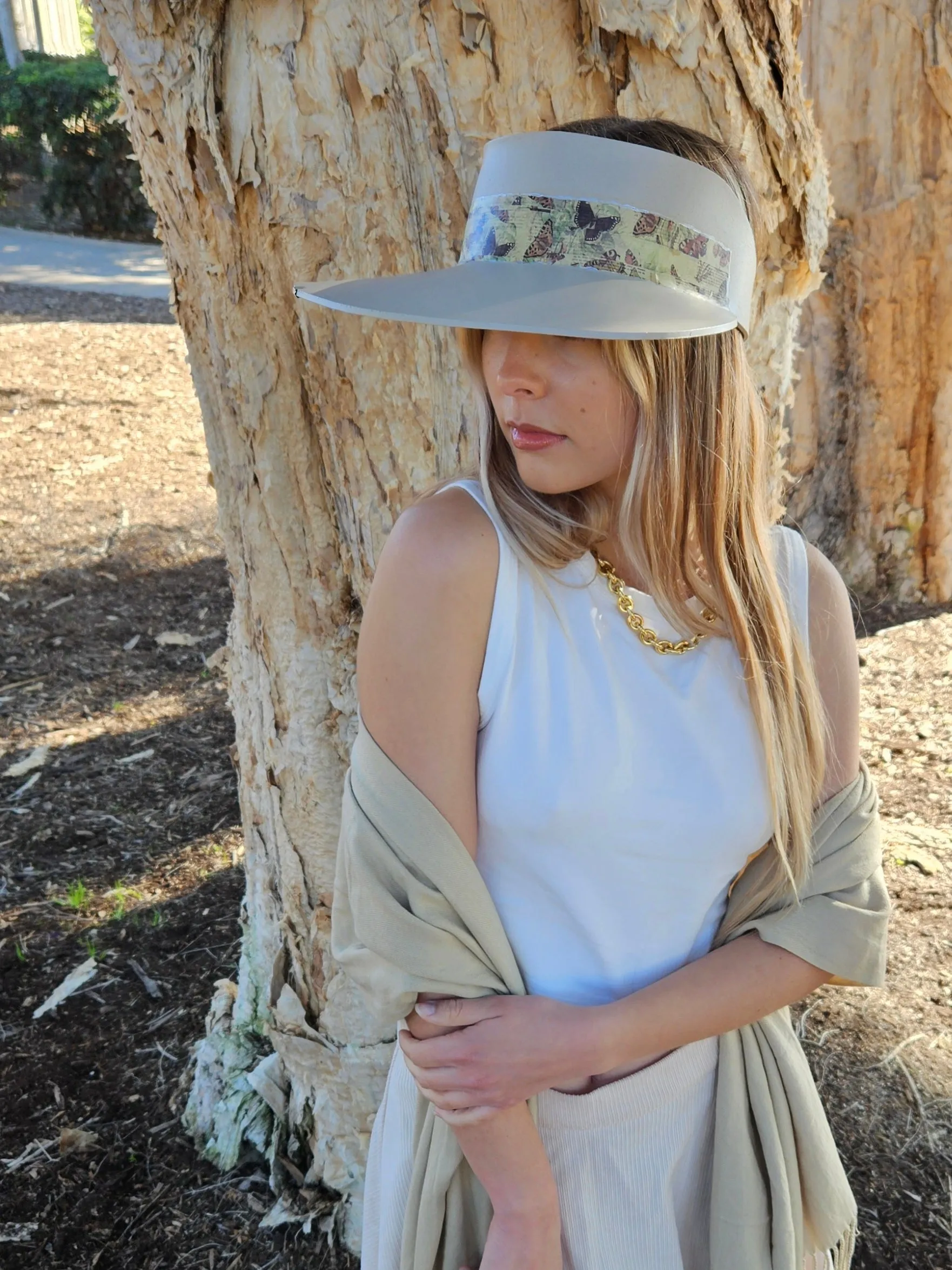 Tall Taupe "LadyEVA" Visor Hat with Neutral Butterfly Band and Silver Clamp