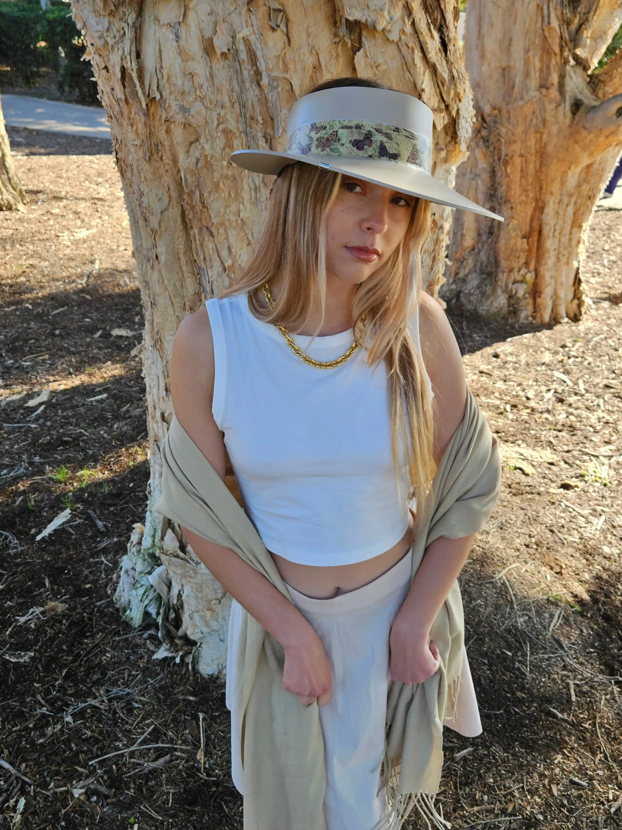 Tall Taupe "LadyEVA" Visor Hat with Neutral Butterfly Band and Silver Clamp