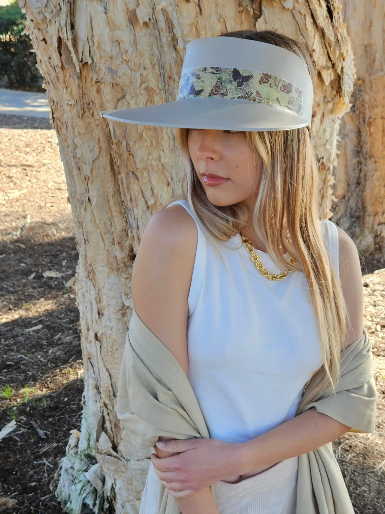 Tall Taupe "LadyEVA" Visor Hat with Neutral Butterfly Band and Silver Clamp