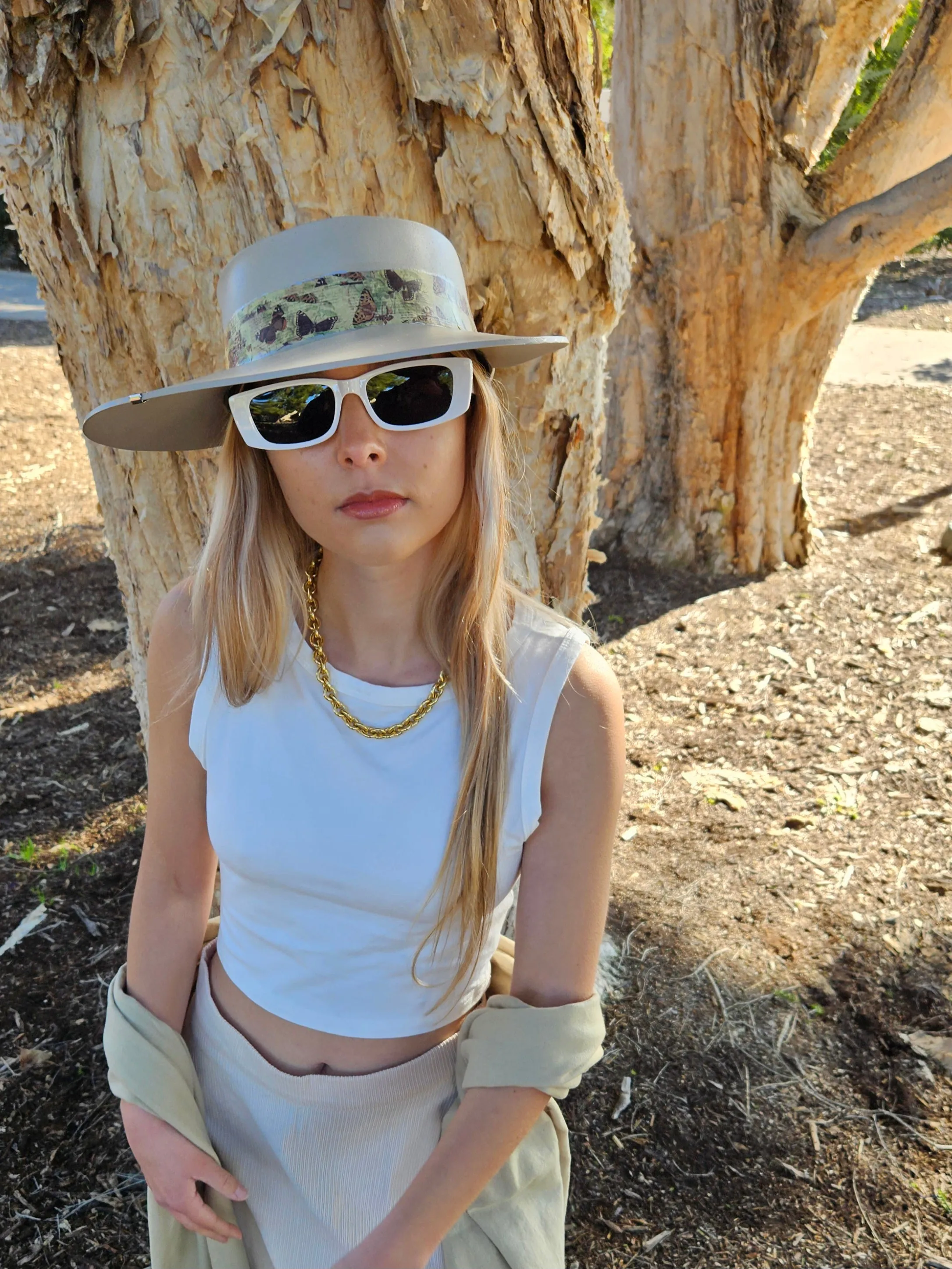 Tall Taupe "LadyEVA" Visor Hat with Neutral Butterfly Band and Silver Clamp