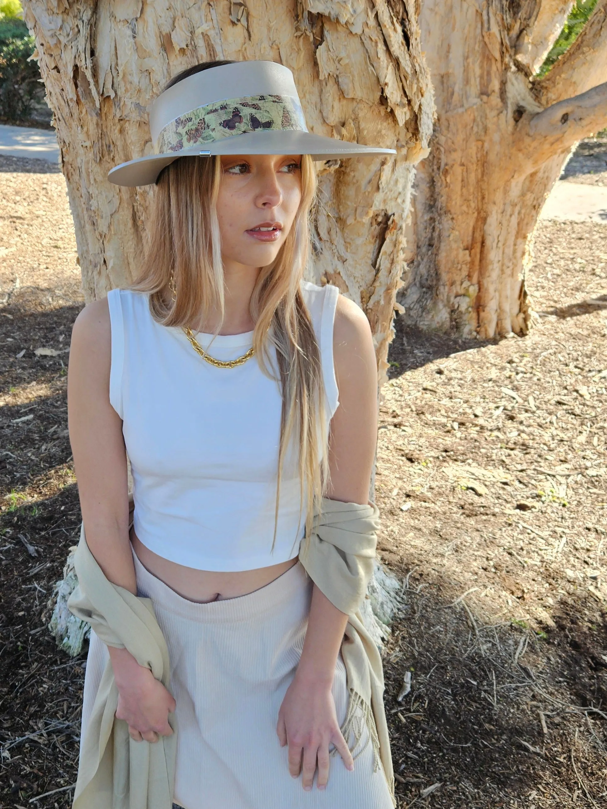 Tall Taupe "LadyEVA" Visor Hat with Neutral Butterfly Band and Silver Clamp