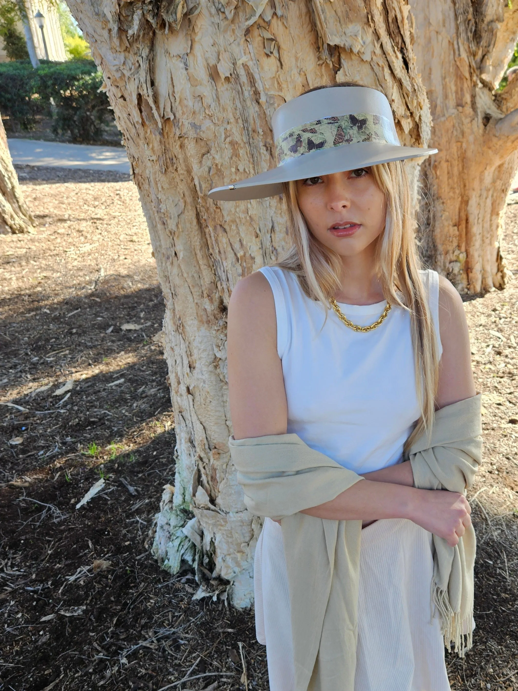 Tall Taupe "LadyEVA" Visor Hat with Neutral Butterfly Band and Silver Clamp