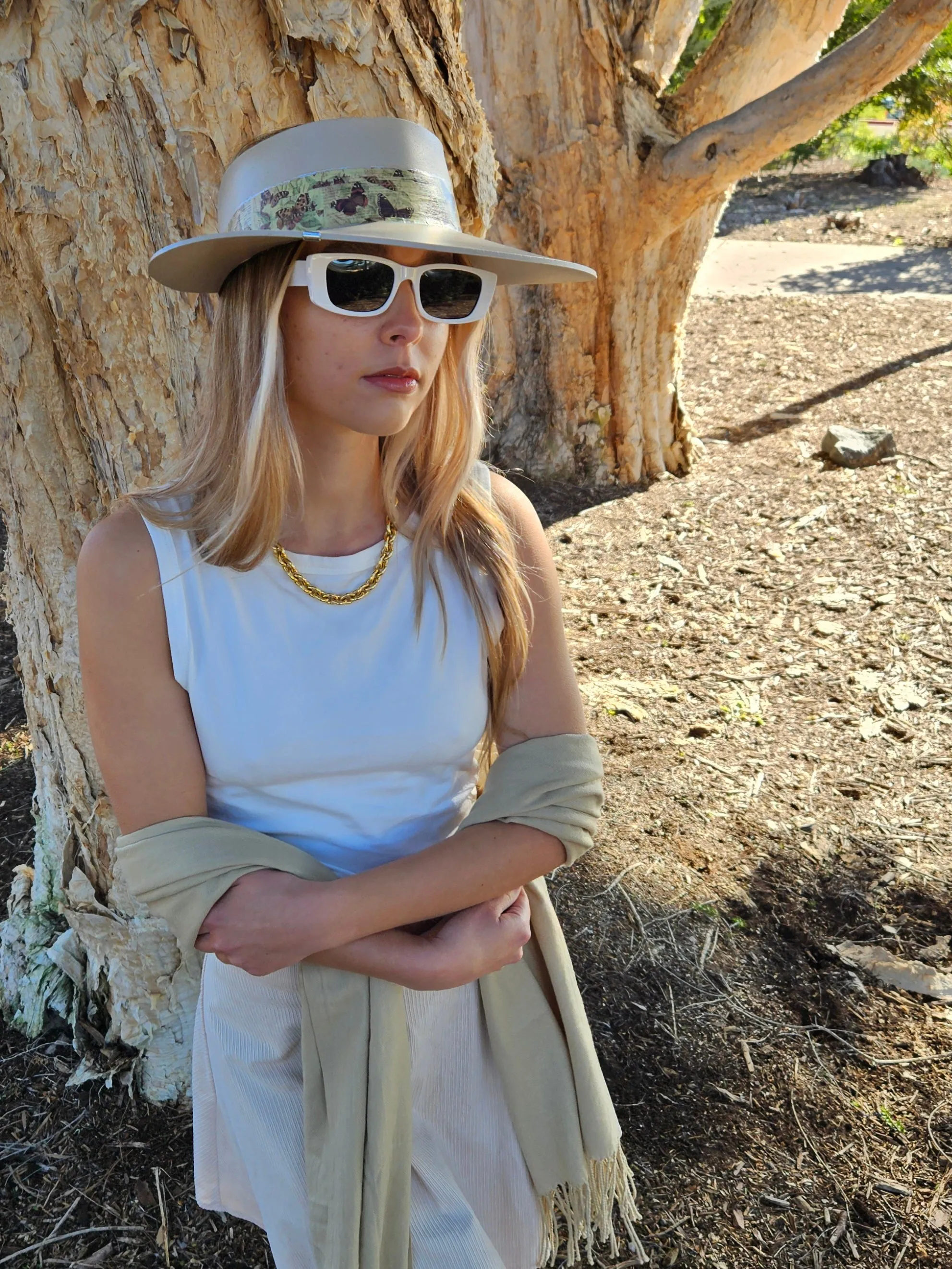 Tall Taupe "LadyEVA" Visor Hat with Neutral Butterfly Band and Silver Clamp