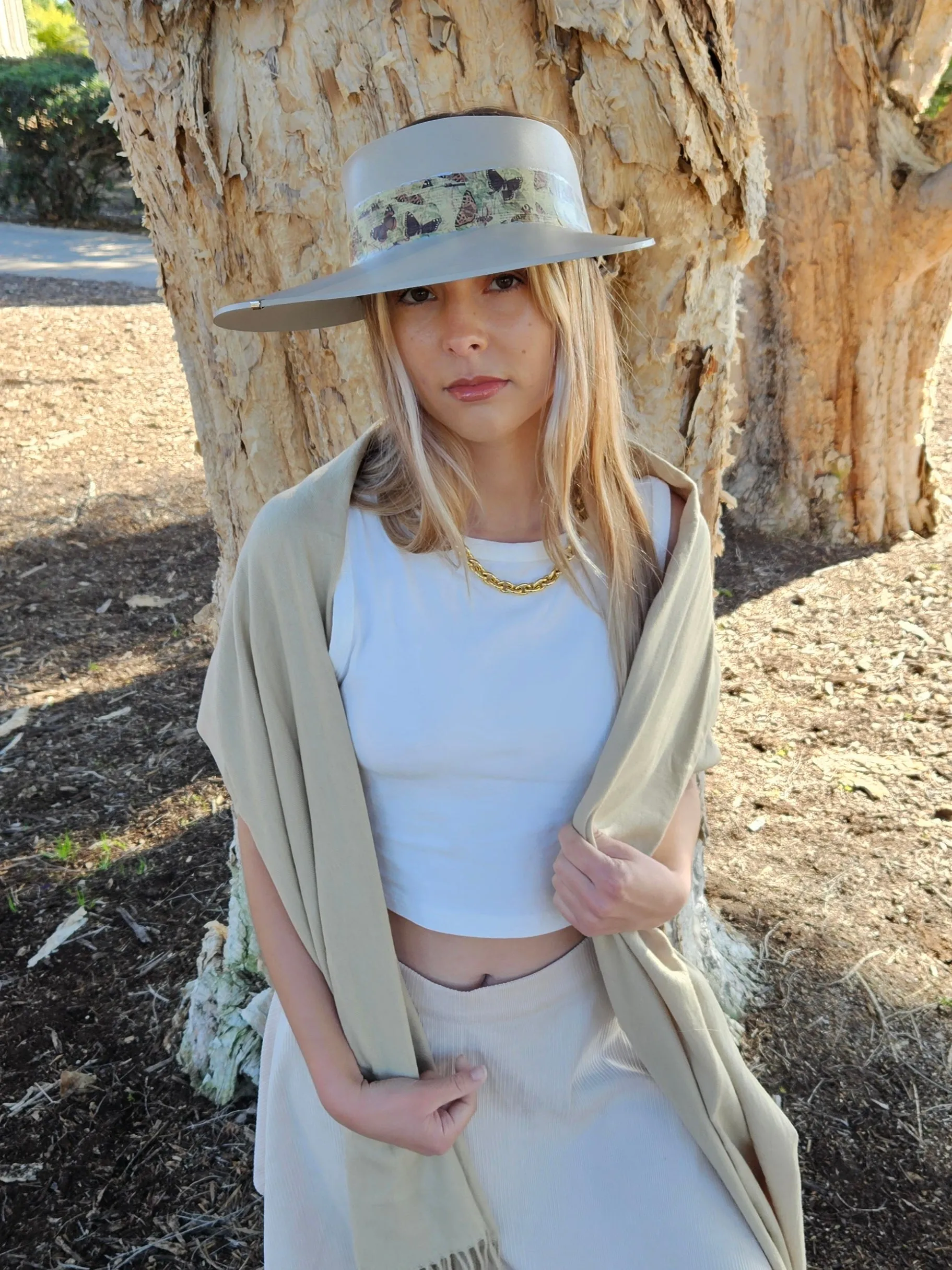 Tall Taupe "LadyEVA" Visor Hat with Neutral Butterfly Band and Silver Clamp