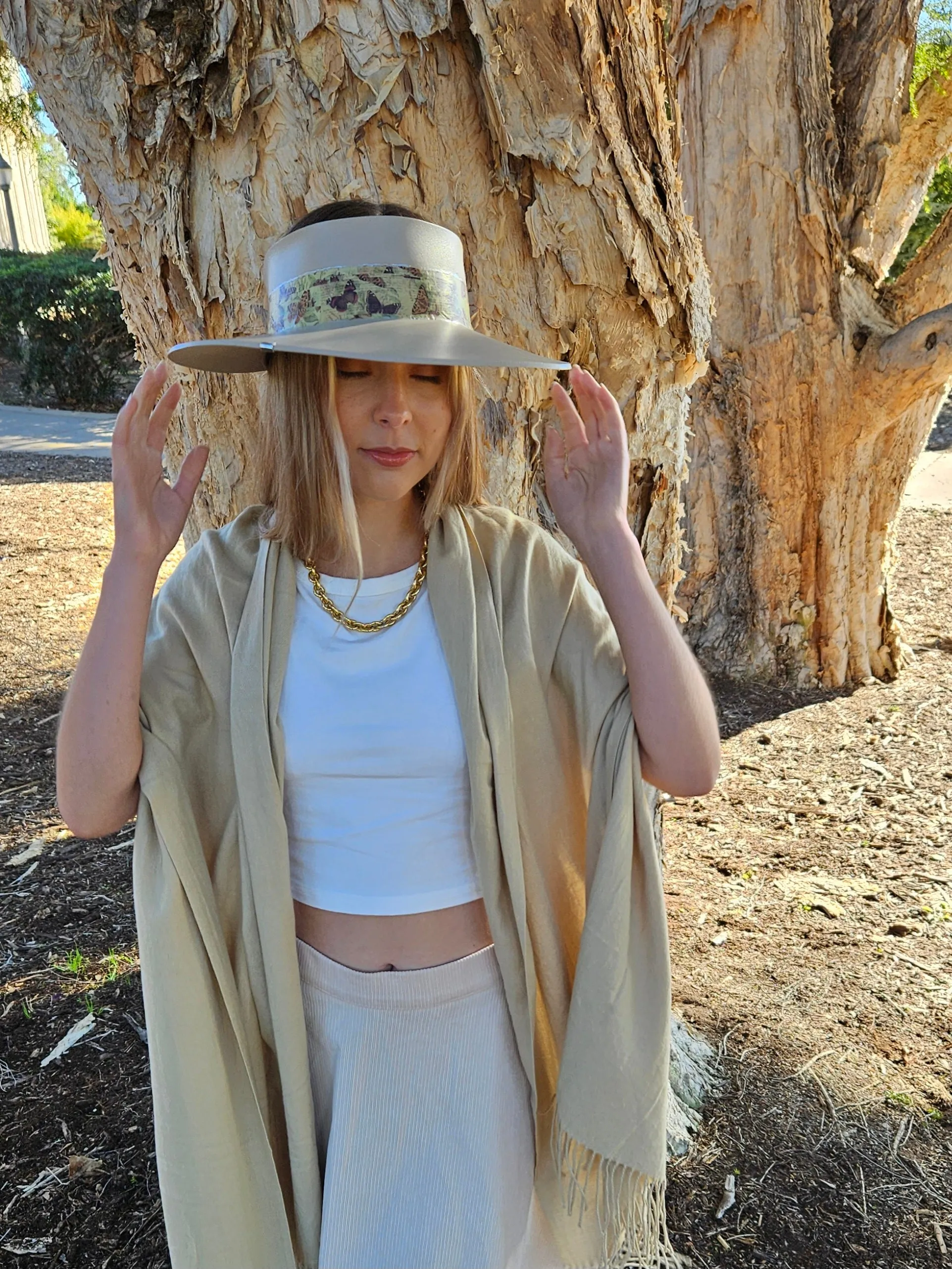 Tall Taupe "LadyEVA" Visor Hat with Neutral Butterfly Band and Silver Clamp