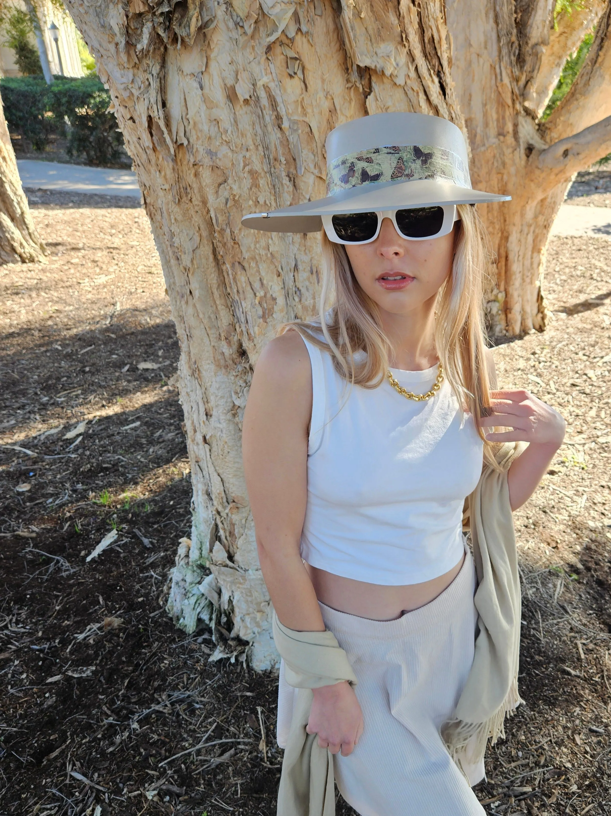 Tall Taupe "LadyEVA" Visor Hat with Neutral Butterfly Band and Silver Clamp