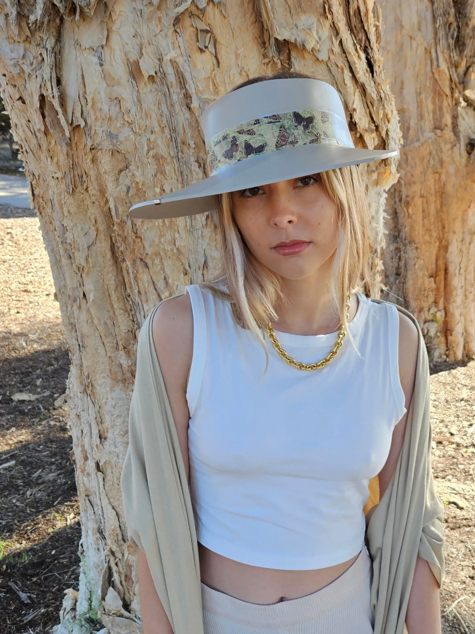 Tall Taupe "LadyEVA" Visor Hat with Neutral Butterfly Band and Silver Clamp