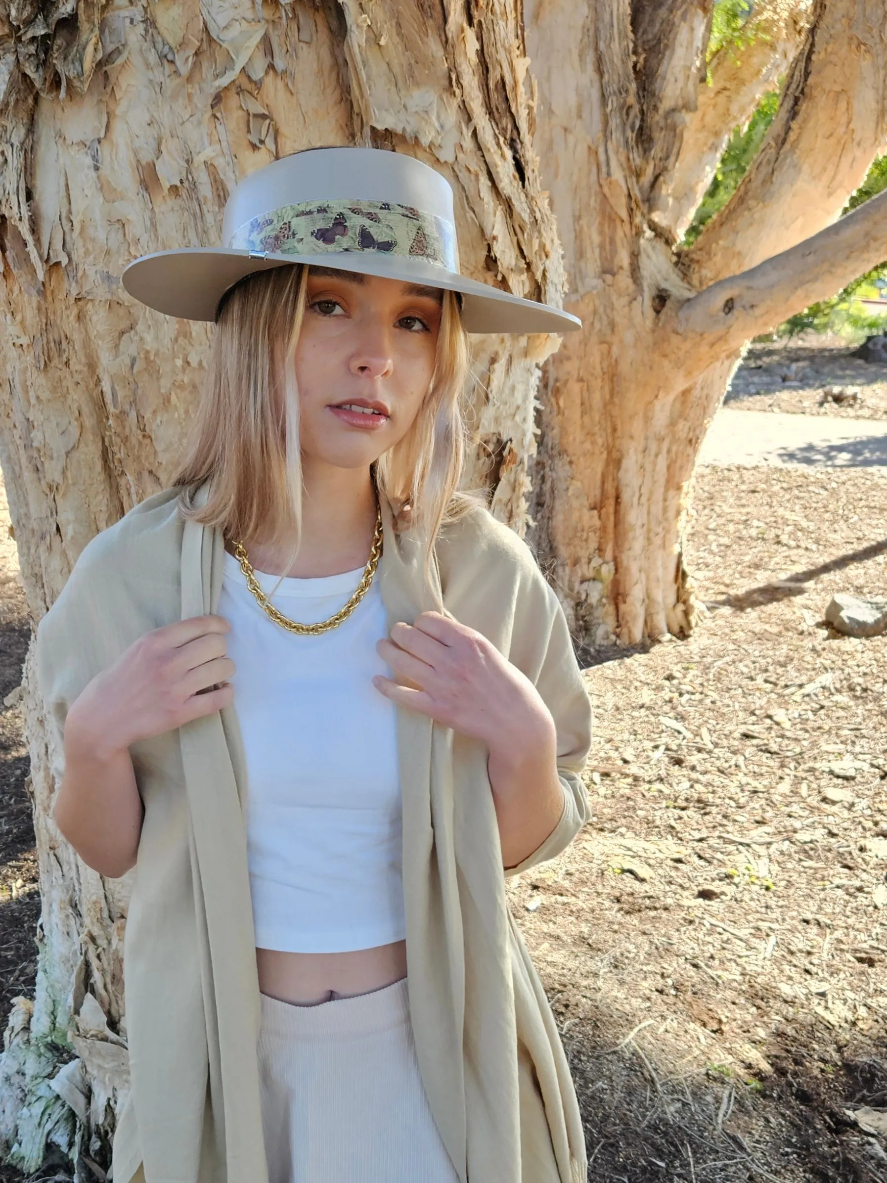 Tall Taupe "LadyEVA" Visor Hat with Neutral Butterfly Band and Silver Clamp